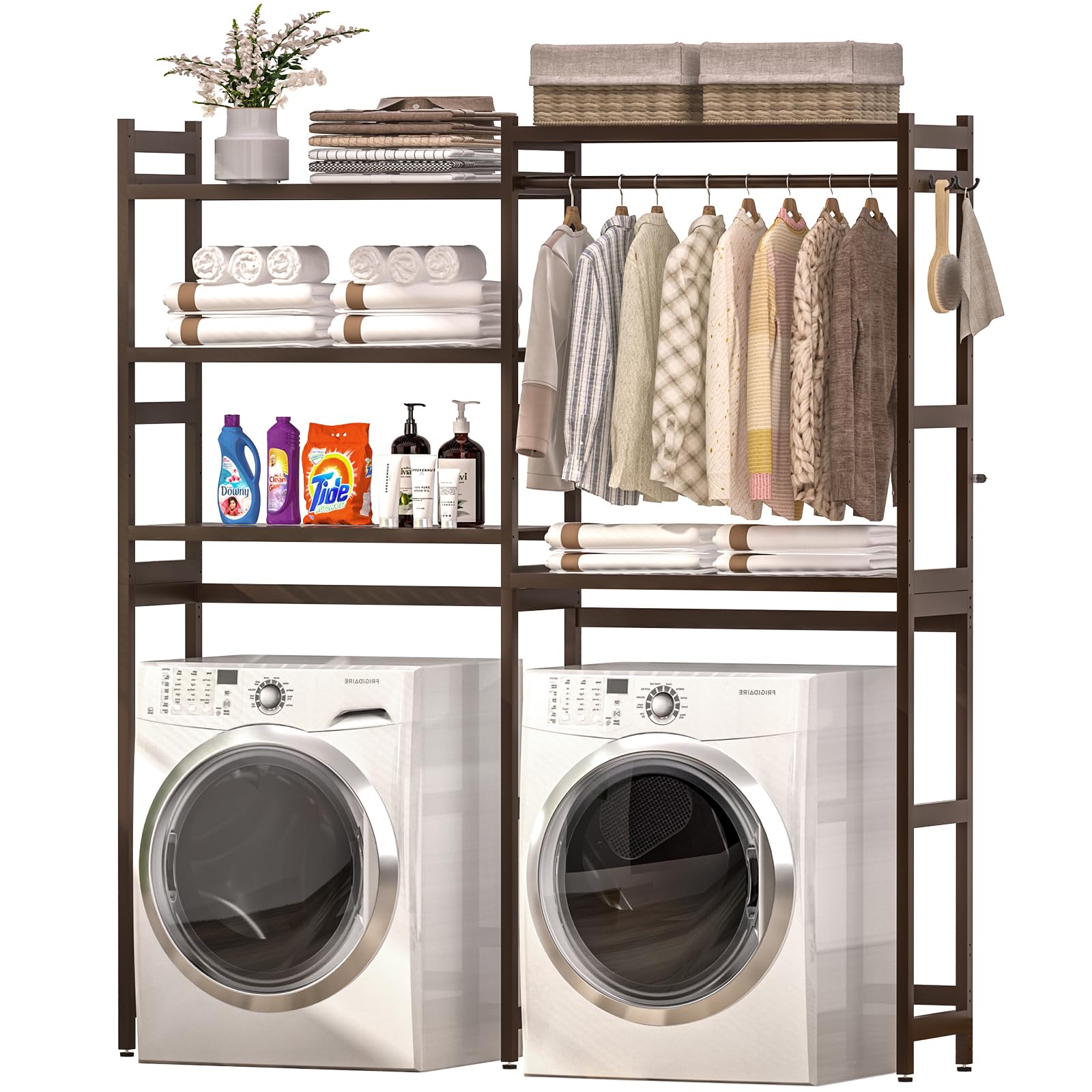 Over The Washer and Dryer Storage Shelf Bamboo,5 Tiers Laundry Room Drying Rack with Adjustable Shelves and 4 Hooks,Space Saver Organizer for Hanging Clothes and Towels (Brown)