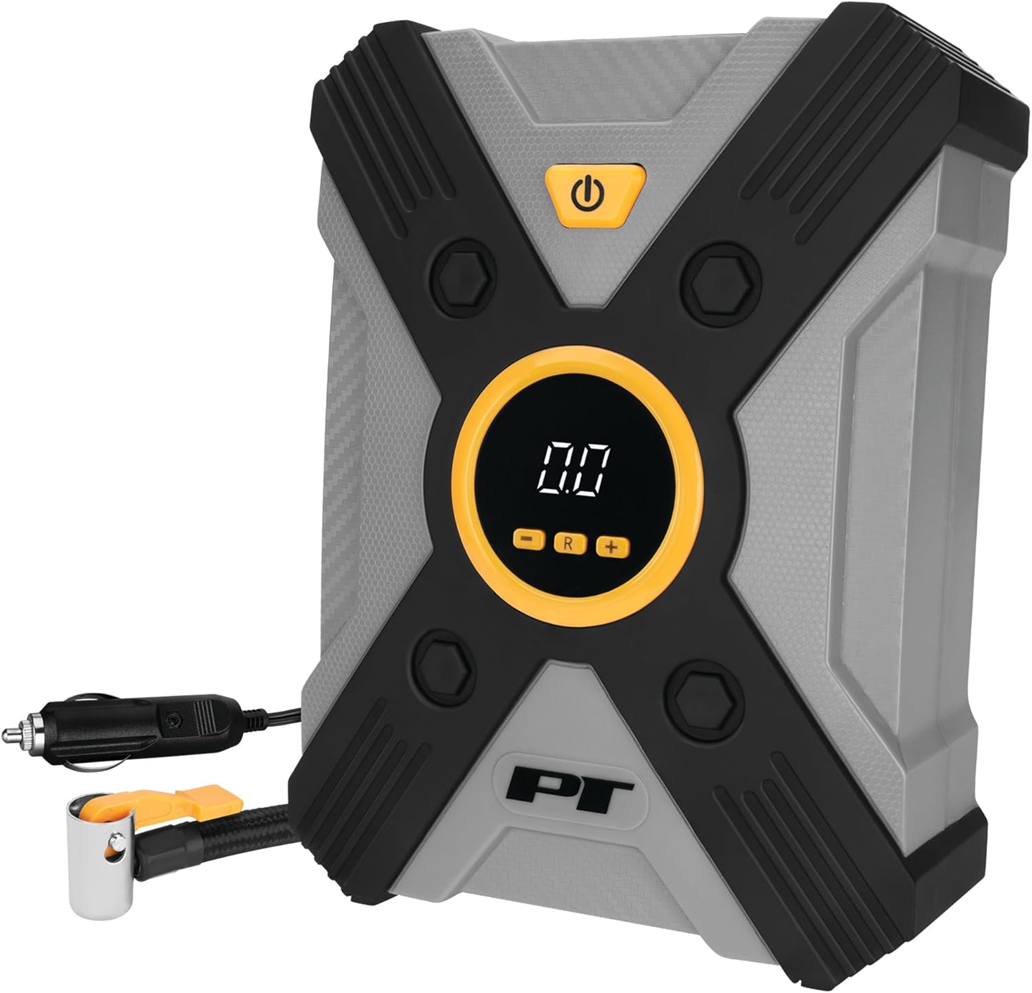 Performance Tool Vortex E00003 12V Digital Tire Inflator w/Auto Shut-Off, Lever-Locking Air Chuck, Long Power Cord, Three Nozzles, Gray