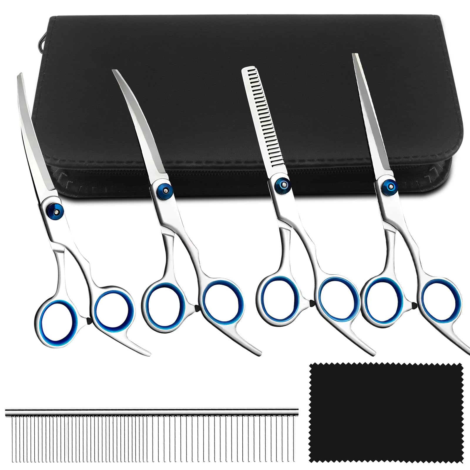 Tijeras Peluqueria Canina 5 en 1 Tijeras Perro Set Tijeras Peluqueria Canina de Acero Inoxidable con Tijera para Adelgazar Tijeras Curvas y Rectas Peine