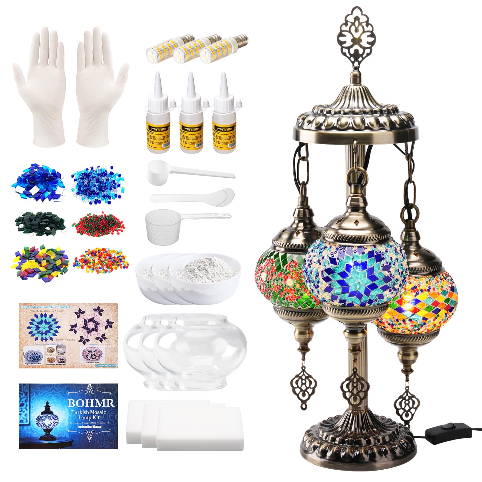 Photo 1 of BOHMR DIY 3 Globe Turkish Mosaic Lamp Kit, 23"H Stained Glass Table Lamp Making Kit-Easy & Fun, No Experience Needed, Mosaic Art & Craft Project Kits for Adults & Teens, Make Your Own Lamp,Multicolor