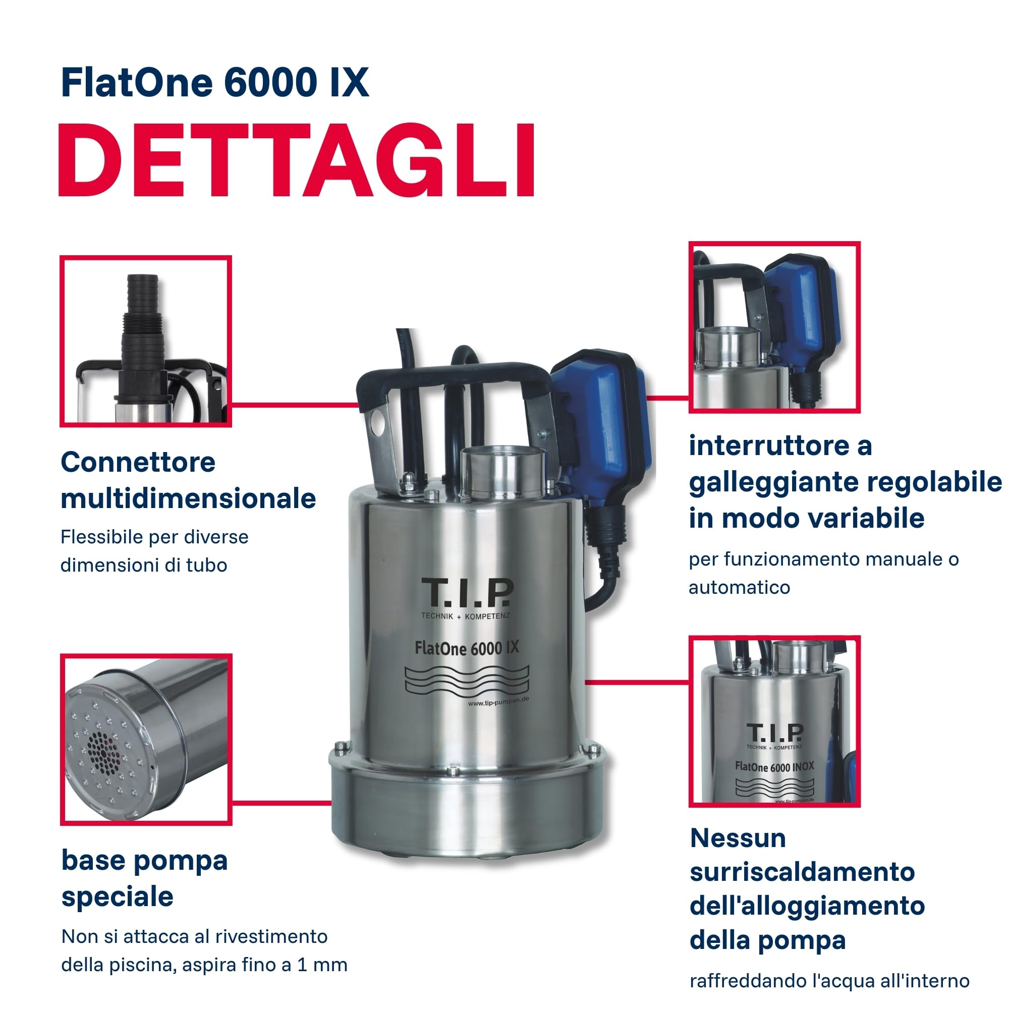 T.I.P. 30440 FlatOne 6000 INOX Pompa di dreggio e per piscine, aspirazione fino a 1 mm, portata fino a 6000 l/h, 22,5 x 16,5 x 27 cm