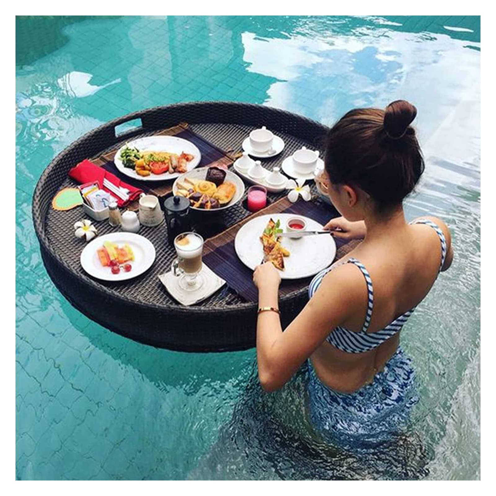 Plateau de Service Flottant de Luxe, Plateau de Piscine, Plateau Flottant Rond, Plateau de Bar de Piscine Flottant en rotin PE, Assiette de Fruits, Salon Flottant Durable pour Servir des boi