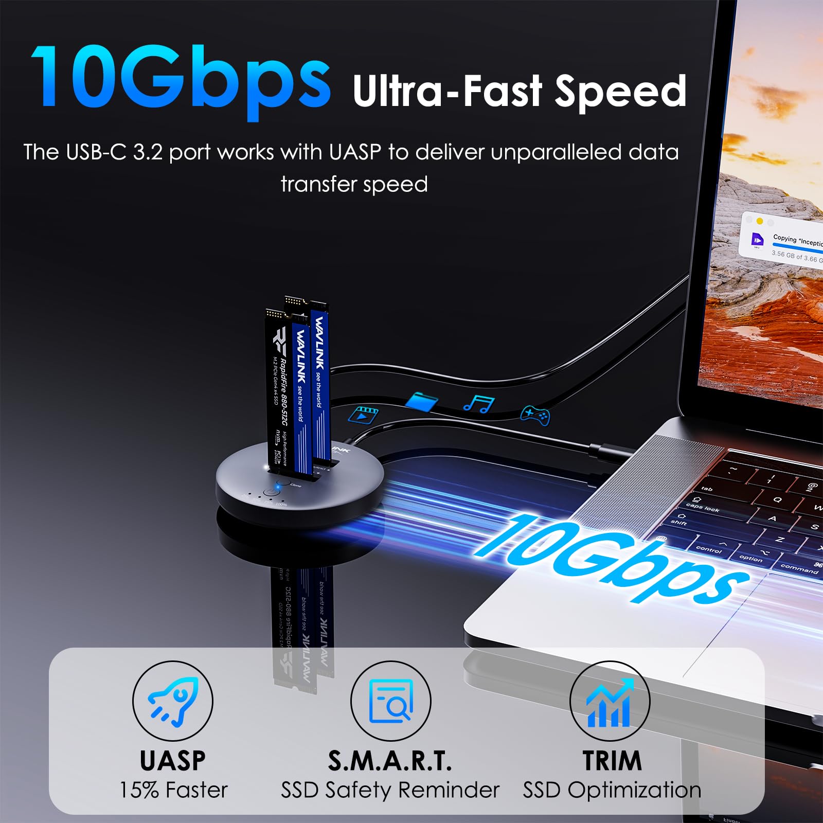 WAVLINK M.2 NVMe SSD Cloner, 10G Dual-Bay NVMe to USB-C/A Docking Station, Supports One-Click Offline-Clone, 2x8TB Capacity, UASP, Tool&Driver-Free, Design for SSDs in Size 2230/2242/2260/2280/22110