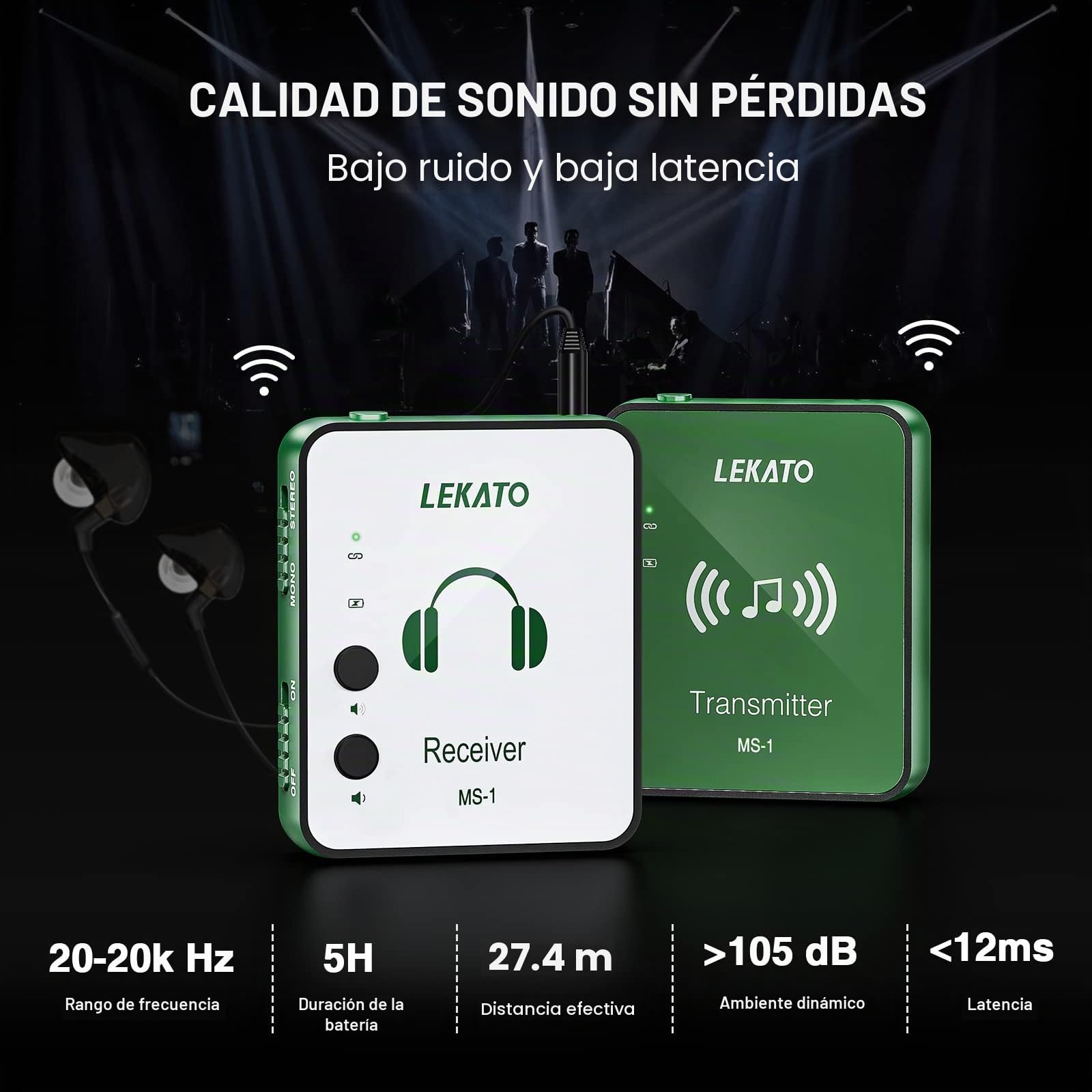 LEKATO MS-1 Sistema inalámbrico de monitores en el oído Transmisor y Receptor de petaca Emparejamiento automático Sistema IEM inalámbrico de 2,4 GHz para Estudio (Verde)