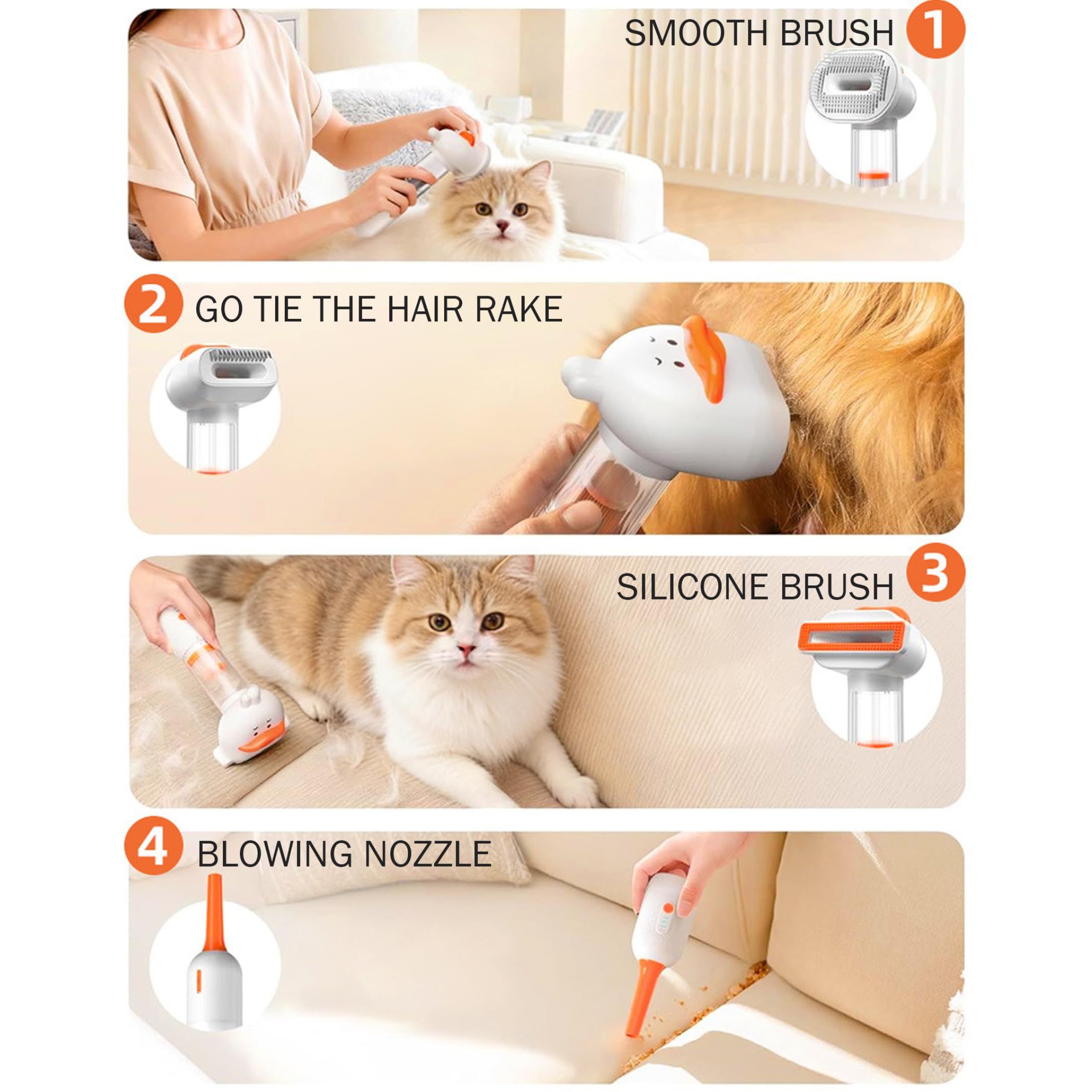 Aspirateur de toilettage pour chiens, brosse sans fil 4 en 1, blanc