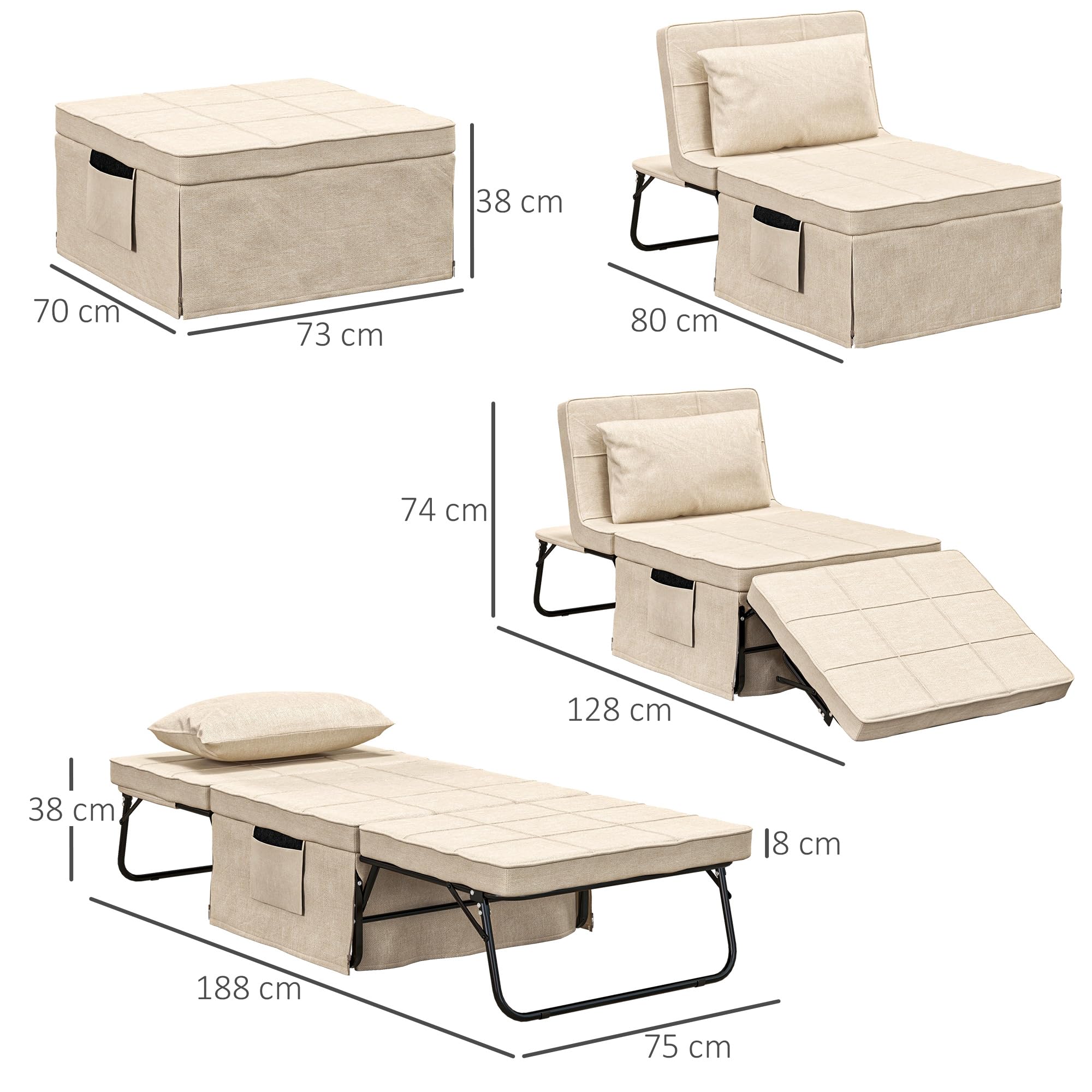 HOMCOM Sofá Cama de 1 Plaza 4 en 1, Sillón Cama Plegable, Otomana, Tapizado en Lino, con Respaldo Ajustable de 5 Niveles, Almohada Acolchada, para Oficina, Dormitorio, Salón, 75x80x74 cm, Crema