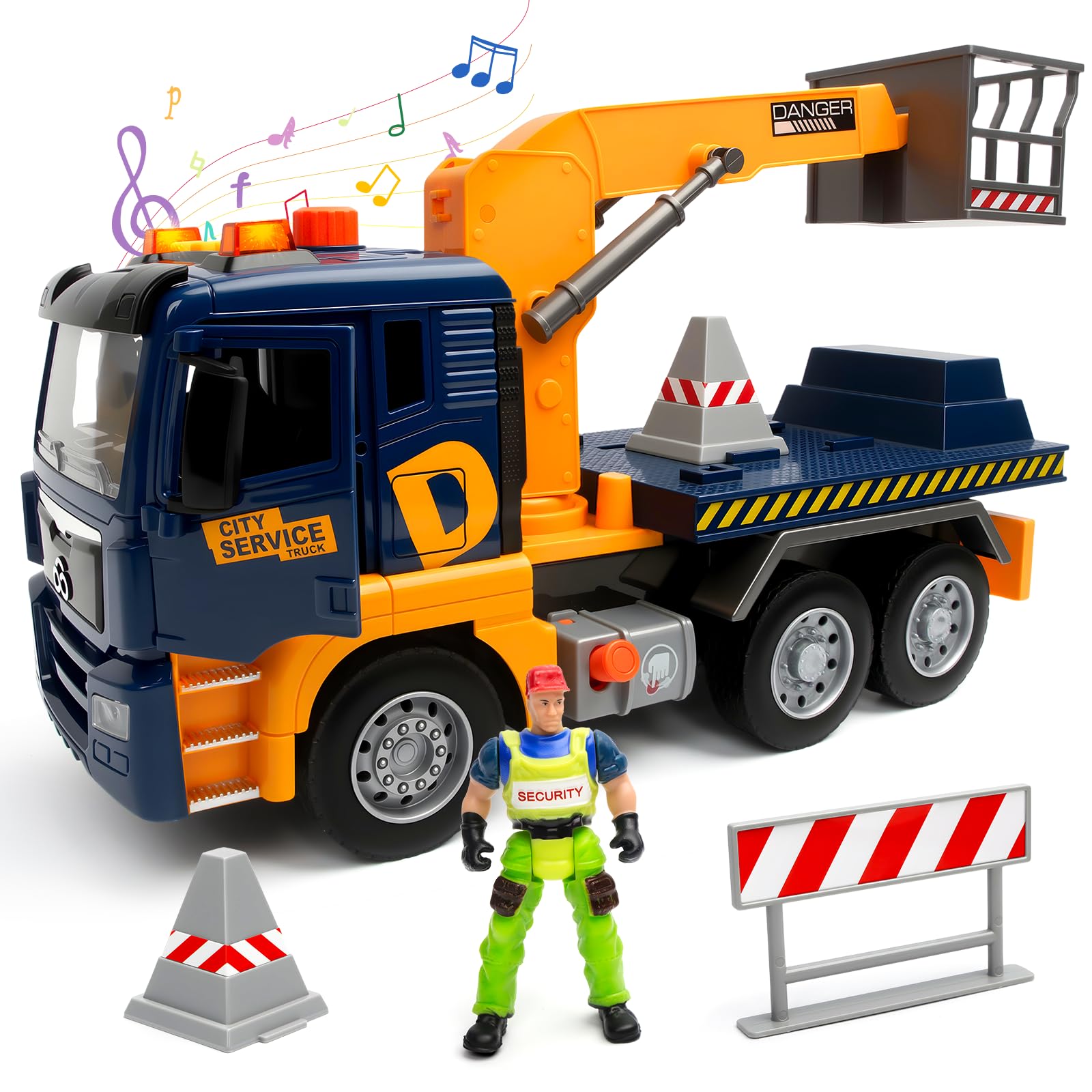 BunnyJOY Construction Truck Toy for Kids, Toy Truck with Lights and Sounds, Friction Powered Cherry Picker Vehicle with Adjustable Boom and Basket, Truck Toys Gift for Boys Girls Age 3 4 5