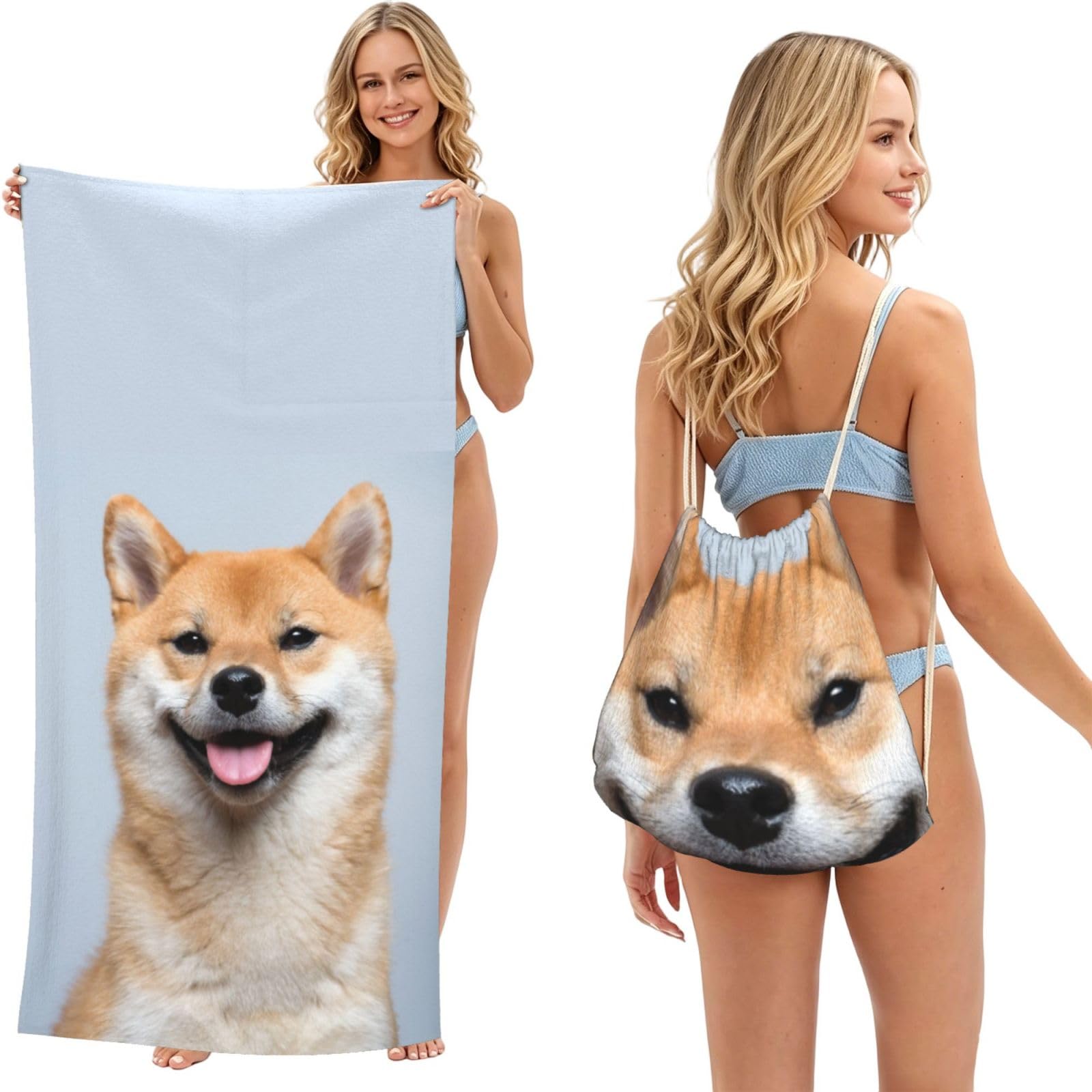 WSHFFILO Smiling Shiba Inu printed 2 in 1 Packable Towel Bag Bath Towel Beach Towel