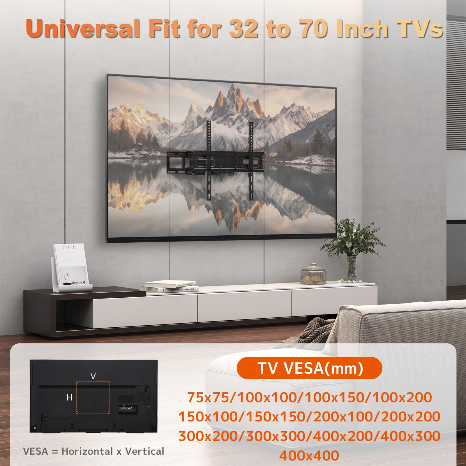 PUTORSEN Supporto TV Parete Girevole Inclinabile Staffa per Molti Televisori da 32-70 Pollici(81-178 cm), Fino a 50 kg, Max. VESA 400x400mm, con livella a bolla e 4 Fascette