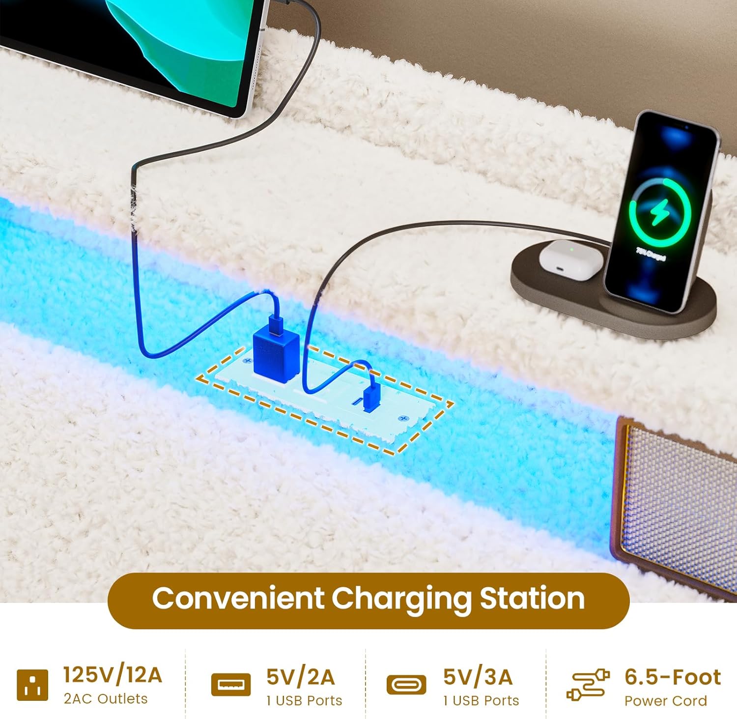 Headboard charging station with USB and Type-C ports