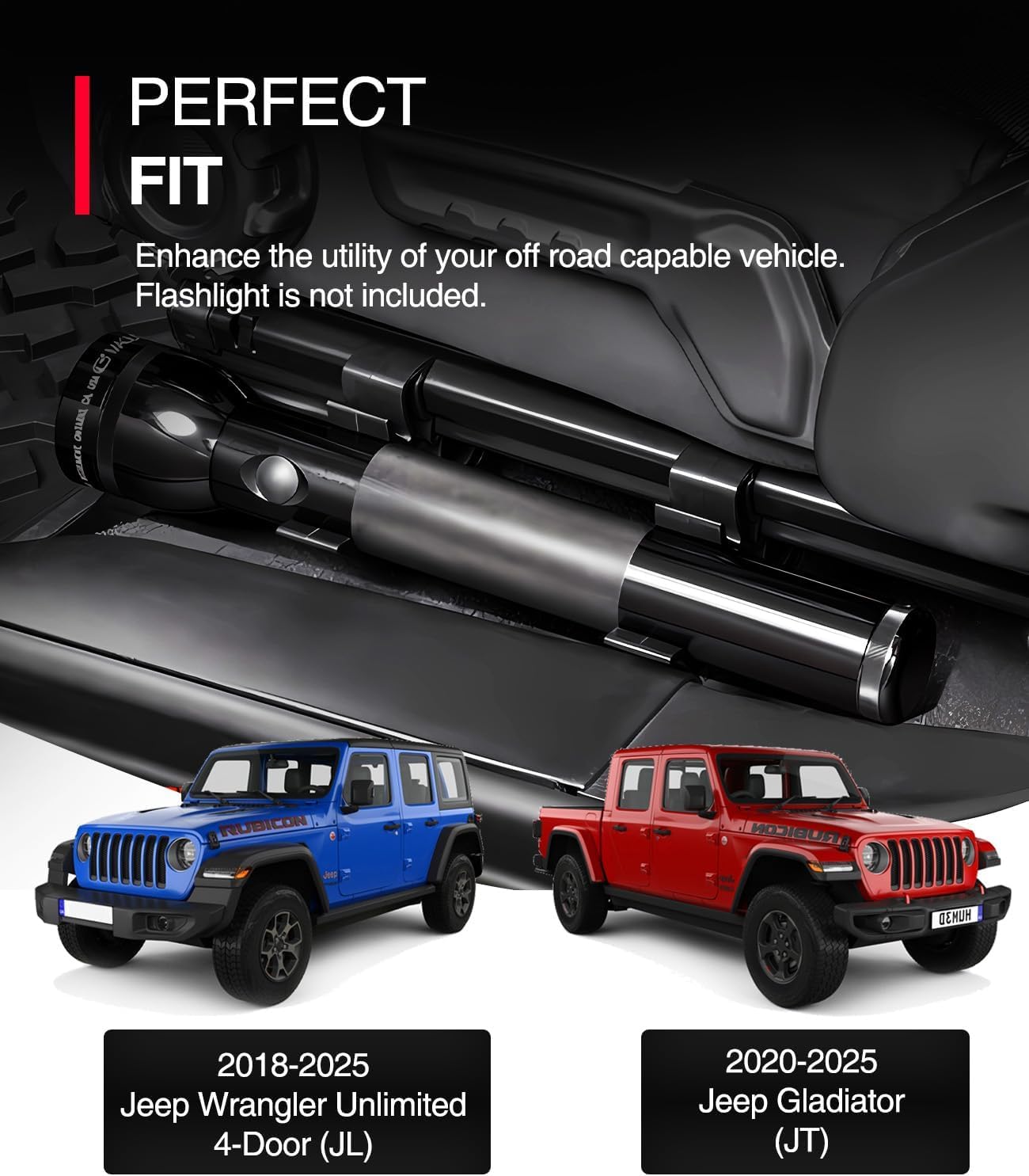 Uchwyt Na Latarkę Do Jeep Wrangler JL I Gladiator JT – Kompatybilność 2018-2025 – Montaż Na Szynie Siedzenia Bez Wiercenia – Wytrzymały Uchwyt ABS Do Pojazdów Terenowych