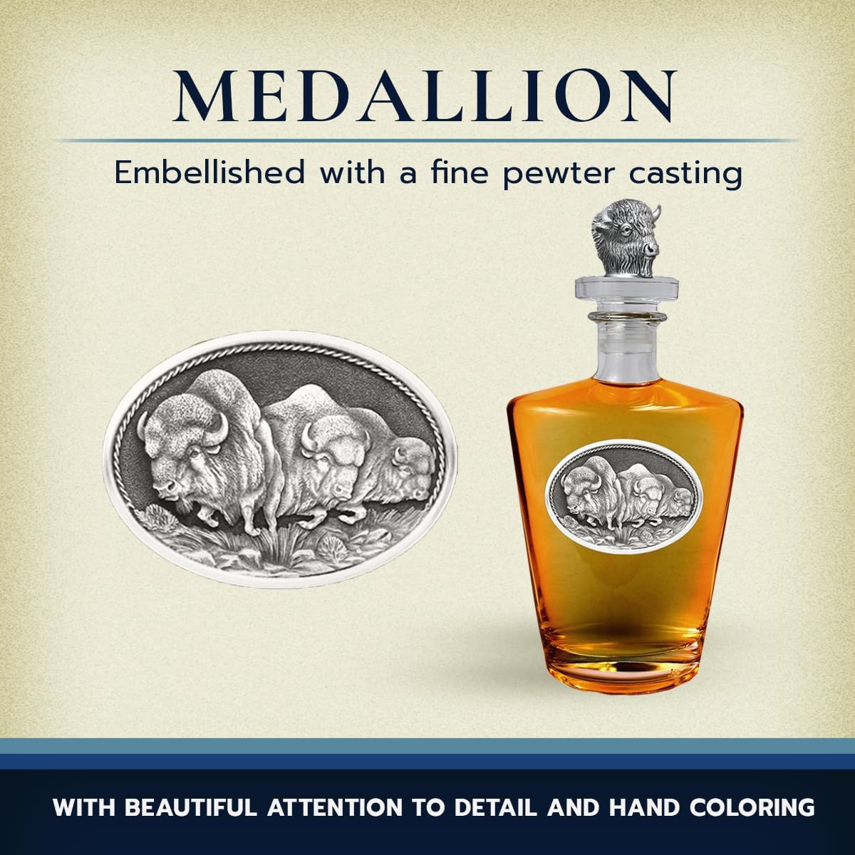 Heritage Pewter Three Buffalo Royal Decanter with 3D Stopper | 30 OZ Liquor Pourer | Expertly Crafted Pewter Glass