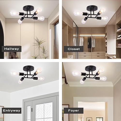 Miniatura 8 de Finktonglan Candelabros Sputnik modernos de 4 luces, color negro, lámpara de techo semiempotrada con base E26 para granja, comedor, pasillo, sala de