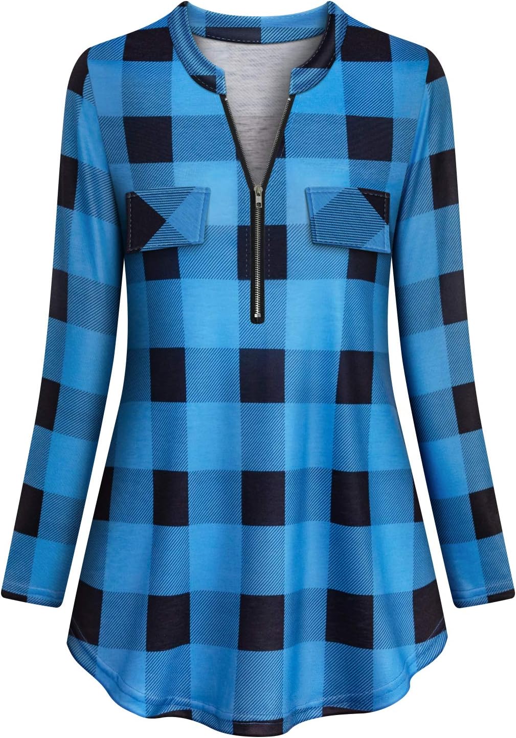 Tanst Sky Womens Casual Long Sleeve Zipped V Neck Plaid Tunic Blouses - Image 2