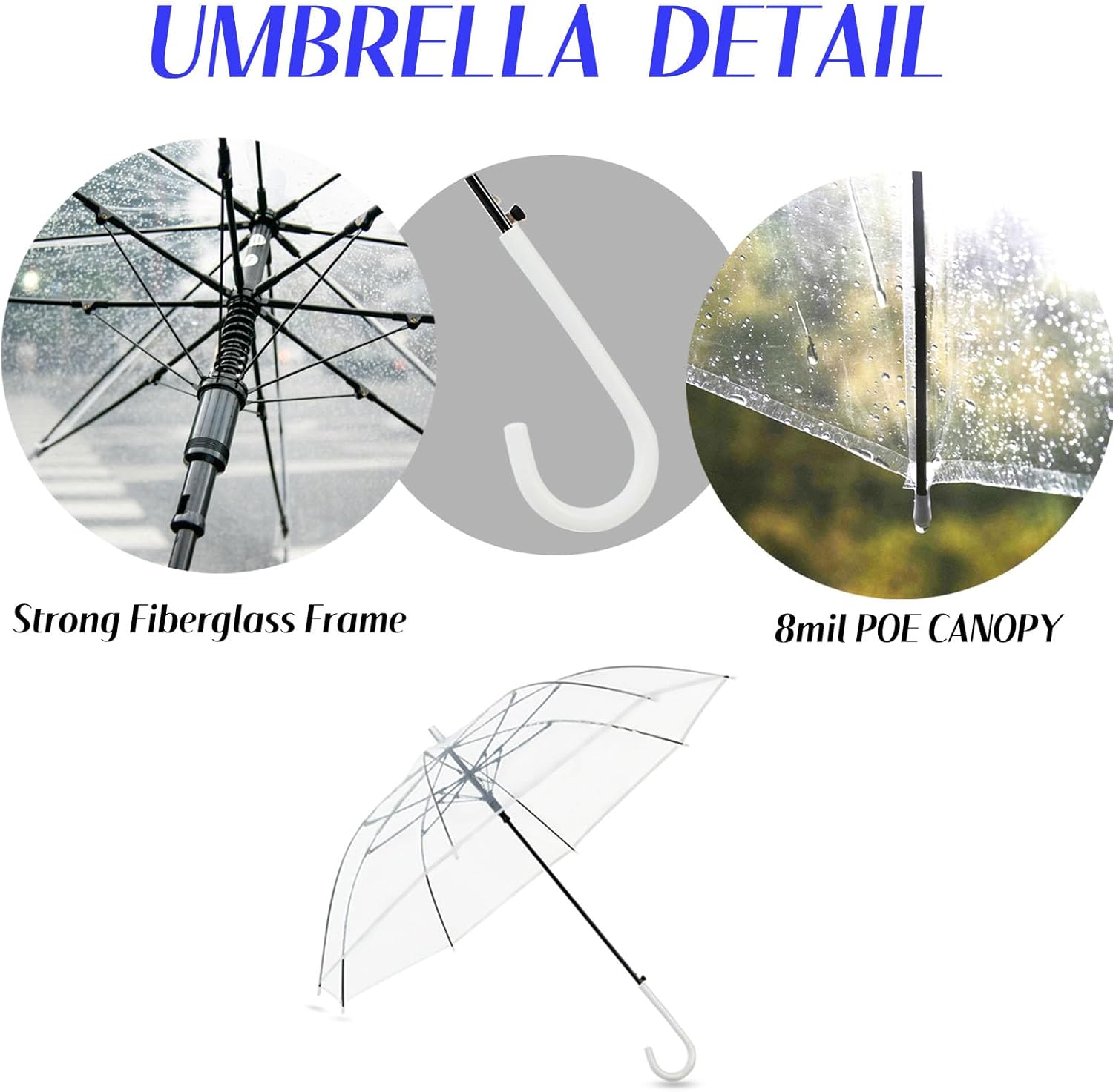 JUYO VONSAN 15 Pcs Clear Umbrella Wedding Bulk Lightweight Fiberglass Frame Transparent Large Stick Umbrellas Bulk for Rain Windproof, Auto Open J Hook