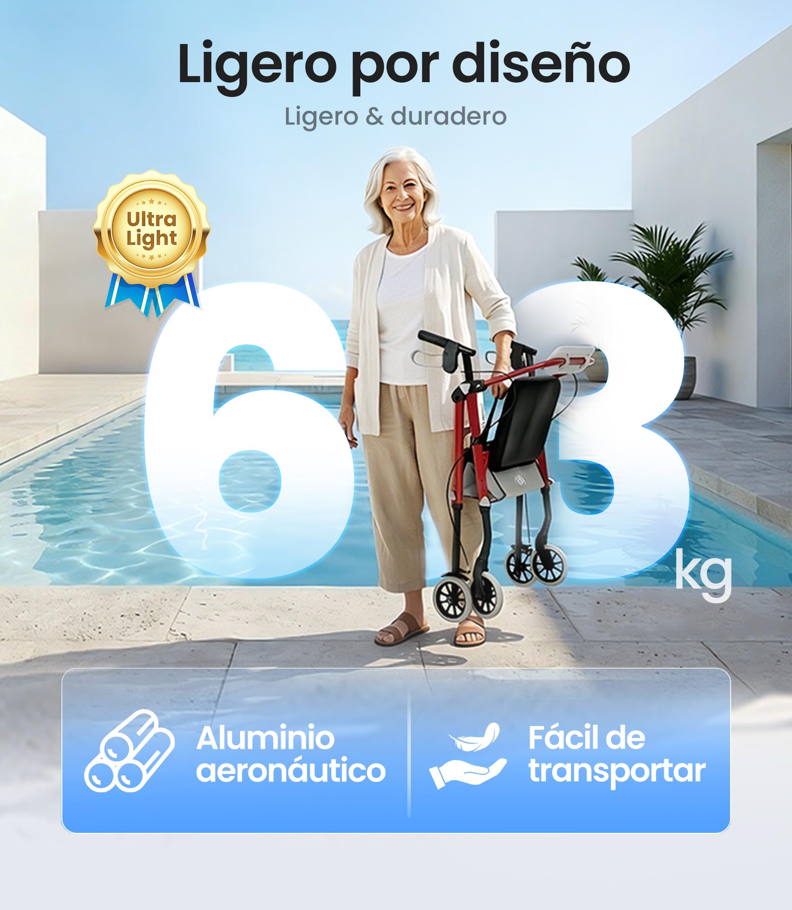 VOCIC Andador plegable ligero con asiento, 6,3kg Ultraligero, Max 150 kg | andador para ancianos con ruedas, asiento ergonómico, altura regulable, Walker estrecho para apartamento & viajes, rojo