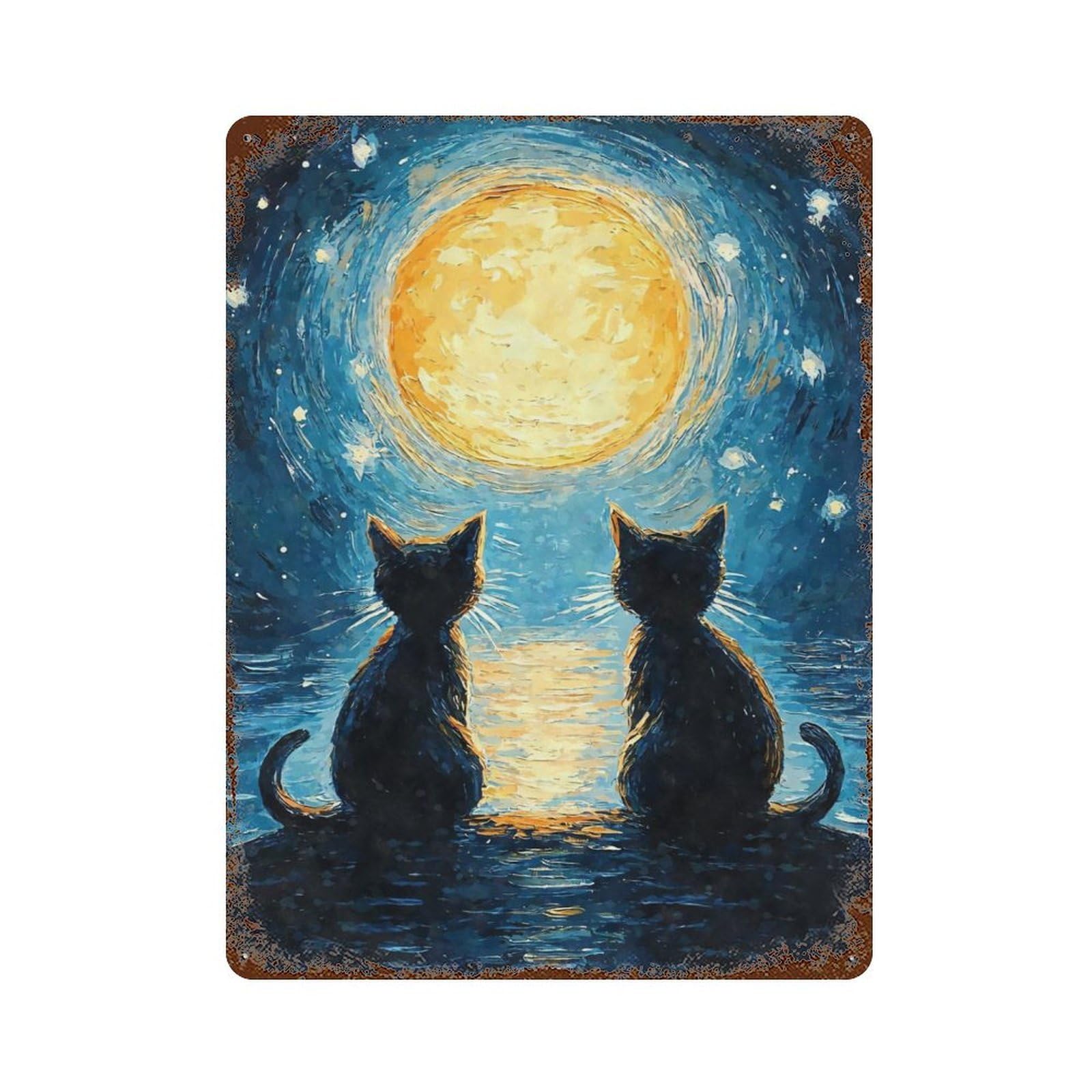Cats Moon Starry Night Vintage Wall Sign 15.7"x11.8", Rust Effect Metal Decor for Cafe, Home Bar And Lounge Decor