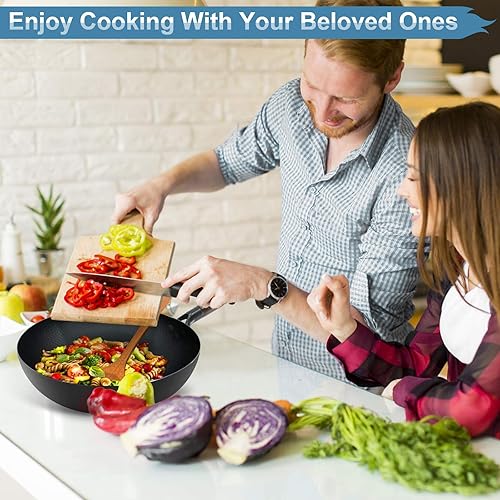 Miniatura 8 de 2 juegos de sartén Wok de 12.5 pulgadas con tapa y espátula Wok de acero al carbono de 12.5 pulgadas con parte inferior plana  Sartén antiadherente