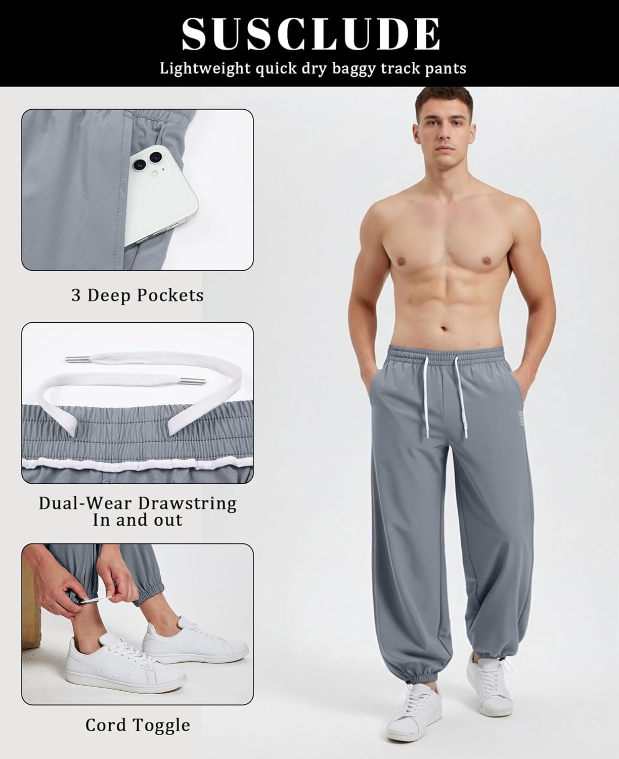 Susclude Mens Baggy Joggers Wide Leg Parachute Track Pants Elastic Waist Drawstring Workout Running Casual Sweatpants