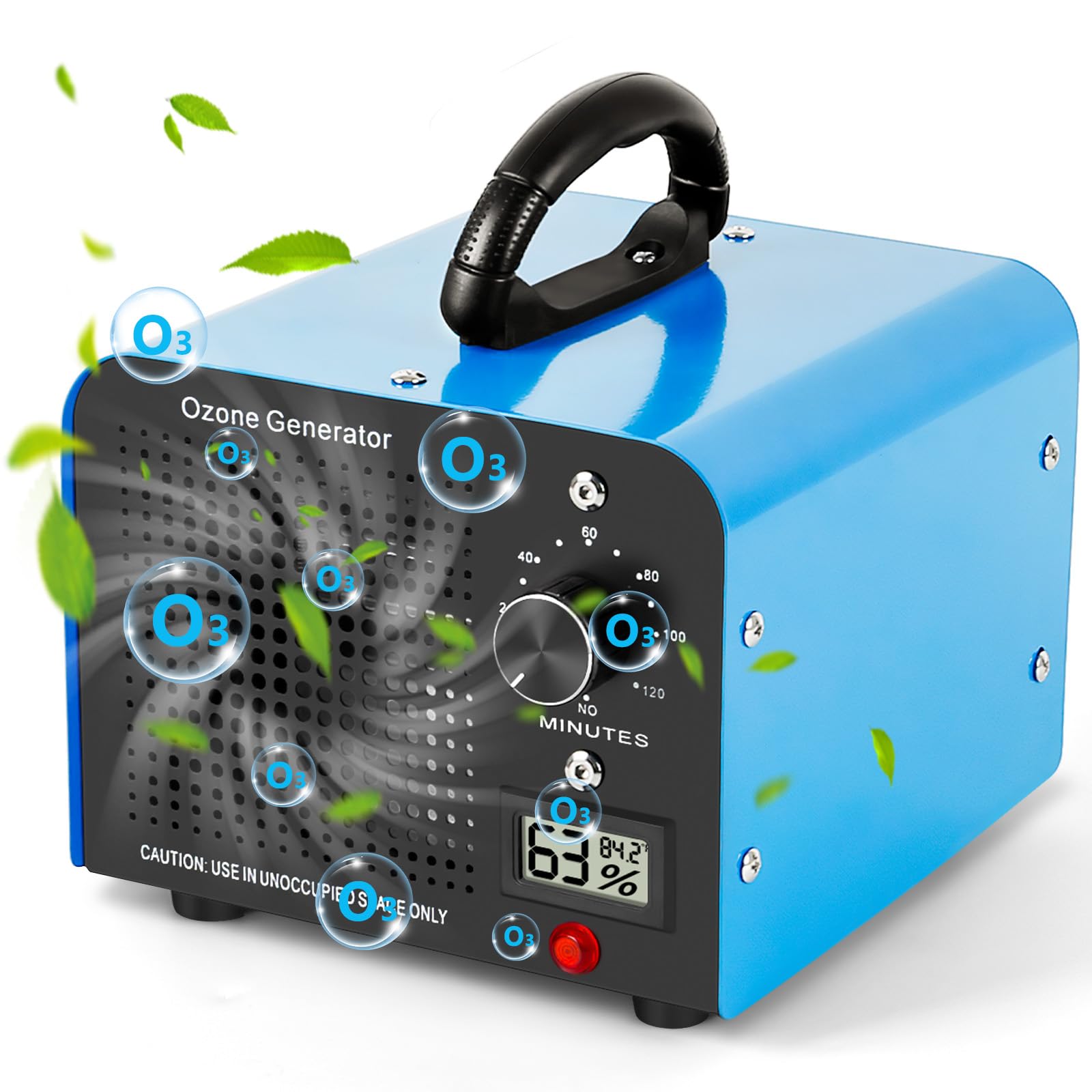 Generatore di Ozono 60000mg/h, Purificatore d'Aria Ozono con Display della Temperatura e Dell'umidità e Timer da 120 minuti, Ozonizzatore per Auto, Casa, Fumo, Odori di Animali Domestici e Cucina