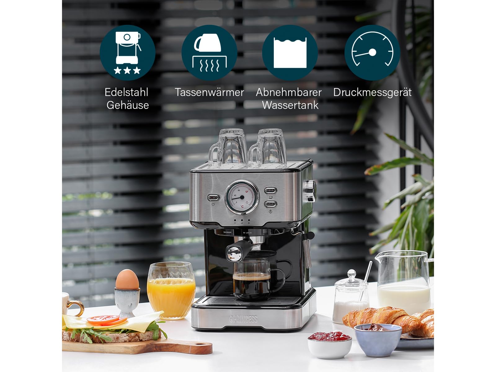 Máquina de café y cápsula con espumador de leche para capuchino, latte y espresso macchiato, 20 bares, color negro con acero inoxidable