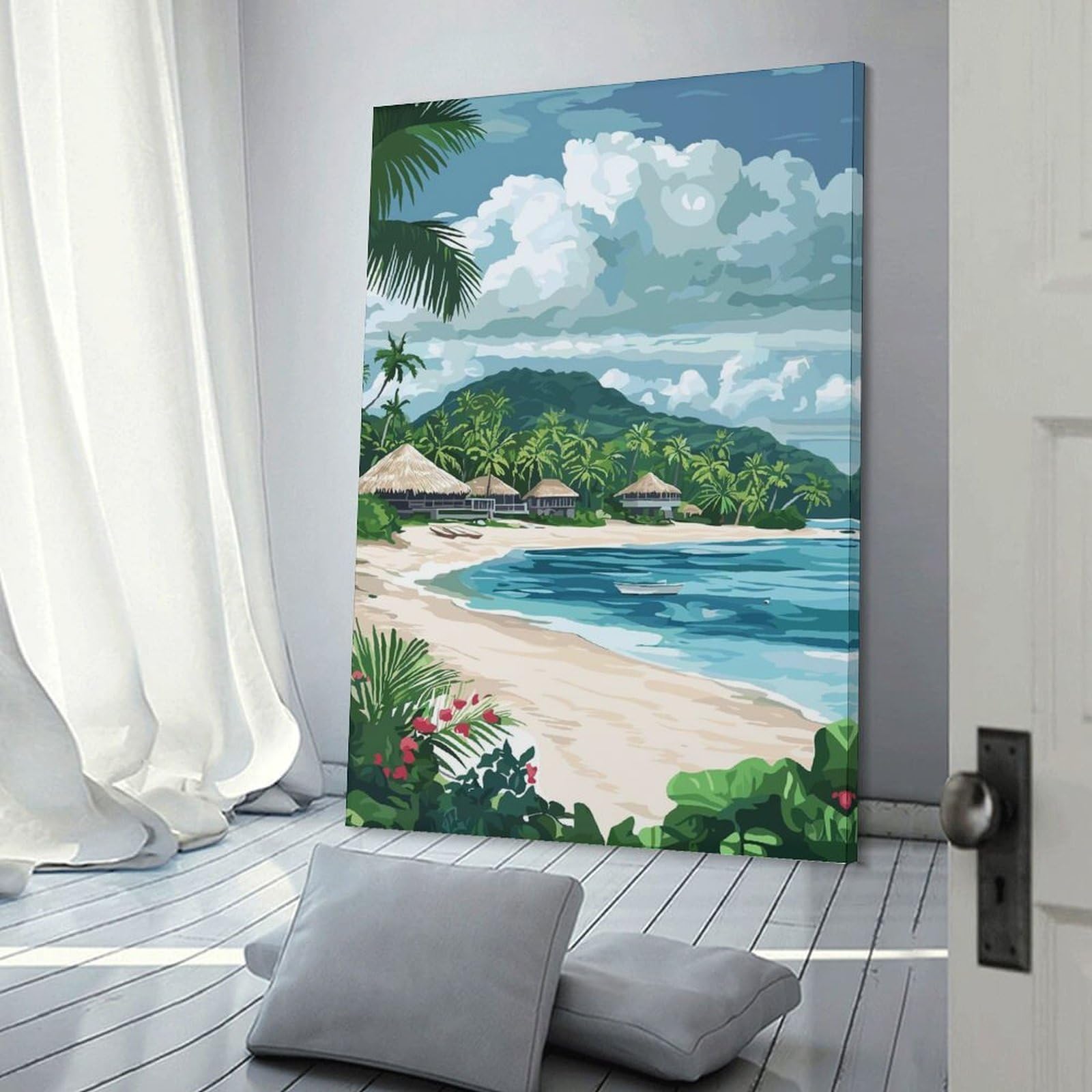 Junmoney Tropical Beach with Thatched Roof Huts Canvas Wall Picture 20x30inch(50x75cm), for Contemporary Homes, Apartments Or Offices, Wall Decor with Flexible Room Appeal