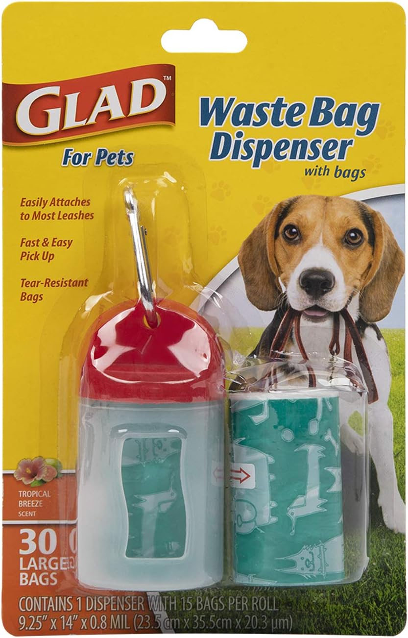 Glad For Pets Extra Large Tropical Breeze Scented Dog Waste Bags And Dispenser With Metal Clip| Heavy Duty Poop Bags For Dogs, 30 Count | Easy Way To Clean Up After Your Pet