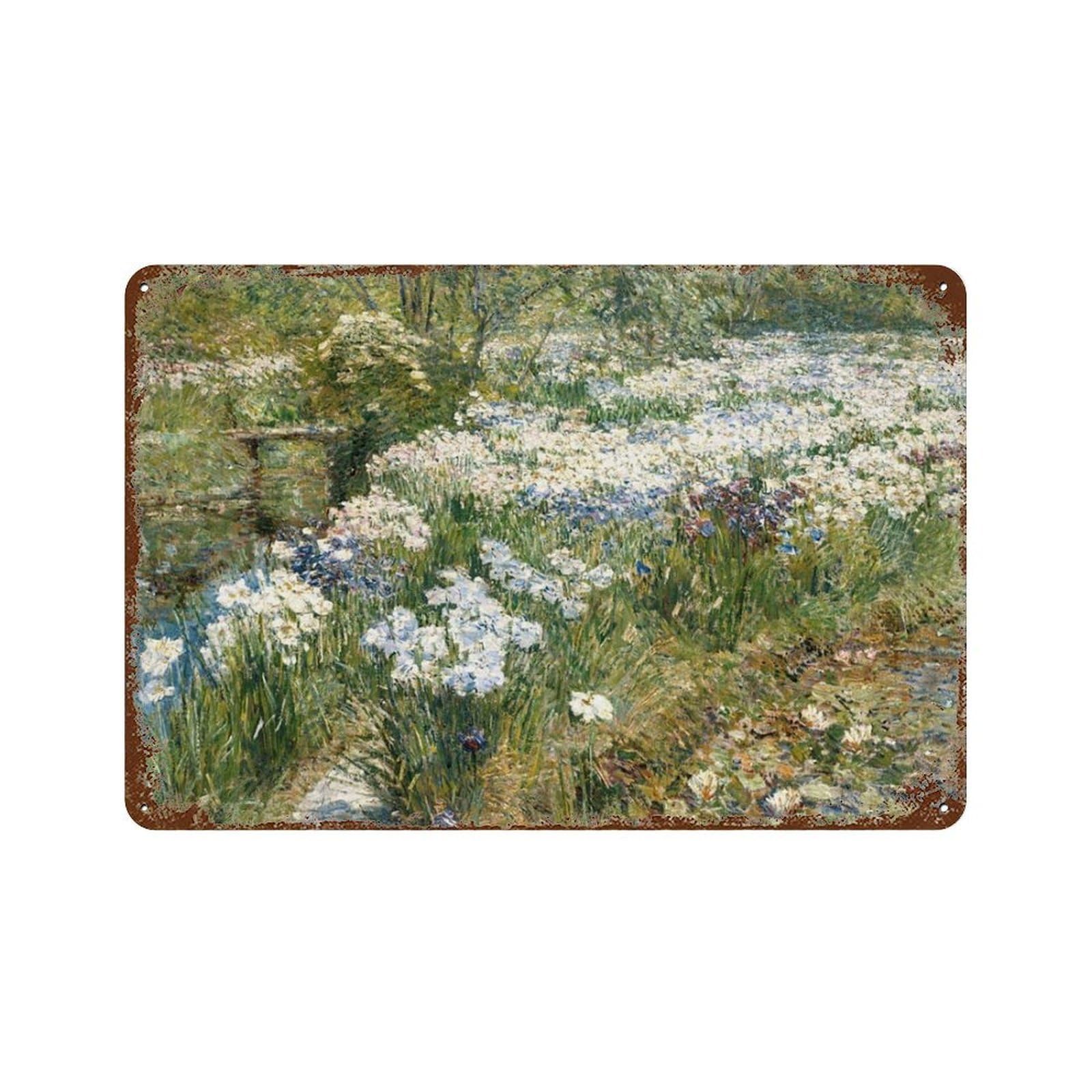 xiaoxiaoshen Wildflower Field Impressionist Oil Painting Vintage Blue And White Wildflowers Wall Decor Art Metal Tin Poster Modern Home Decor Art Home Bar Shop Decorations Vintage Sign 20x30cm