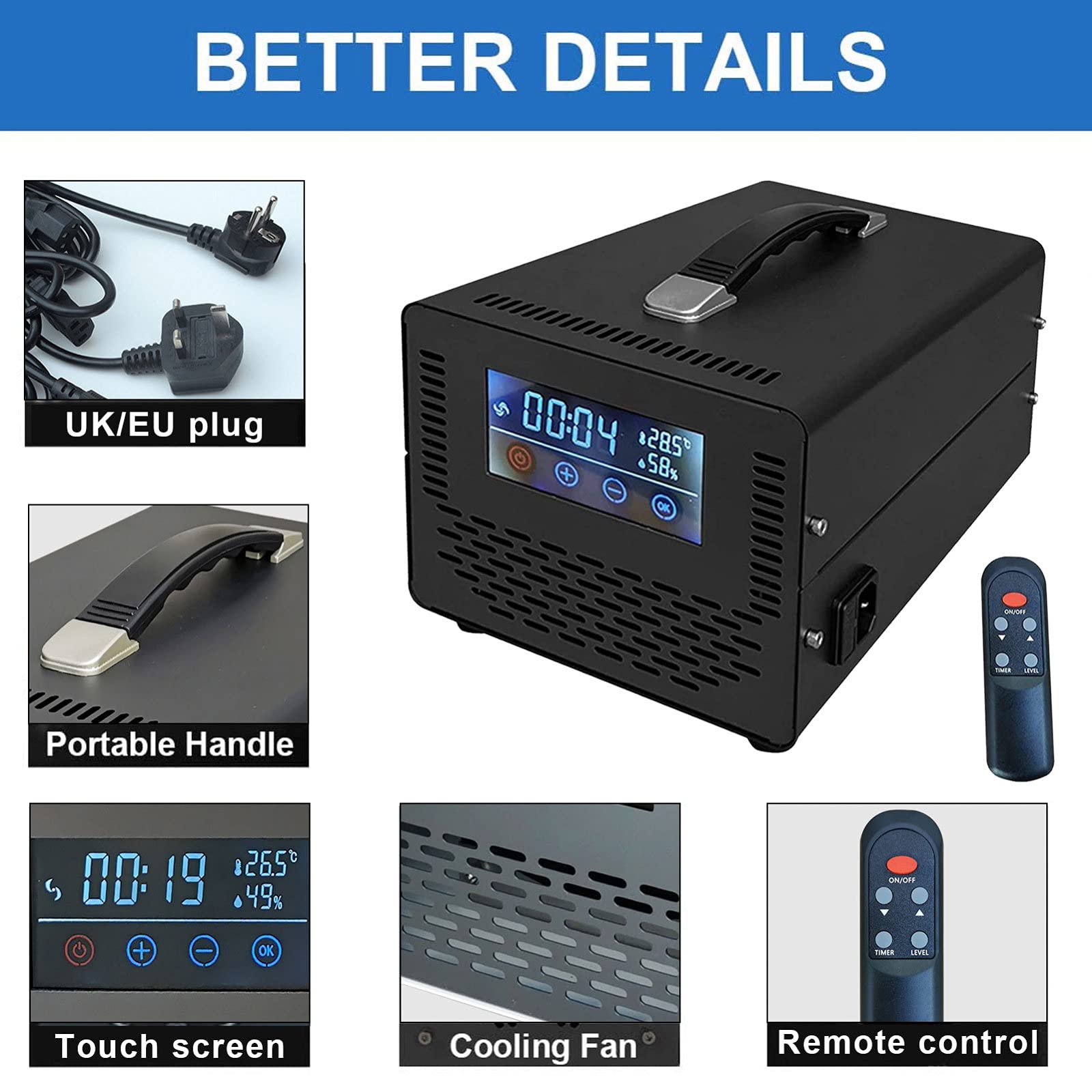 Generador de Ozono Comercial con Pantalla Táctil y Control Remoto, Esterilizador Ozonizador Industrial, Generadores de Ozono Portátil de Alta Capacidad para Fábrica, Hotel, Etc.,Black-40000mg/h