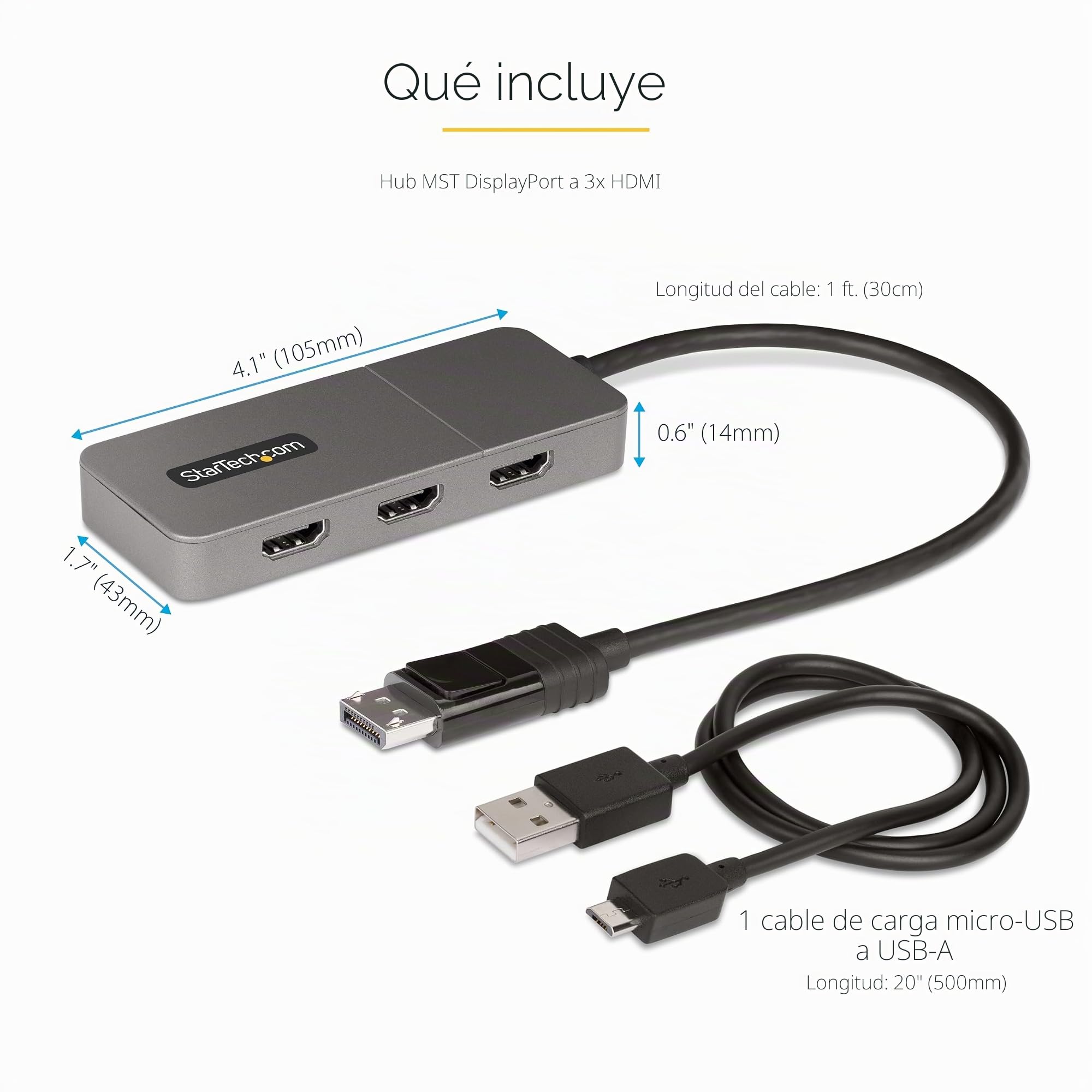 StarTech Hub MST DisplayPort 1.4 a 3X HDMI, 4K 60Hz Triple, HDR, 30cm | No compatible con macOS, Alimentado por USB, Solo Windows