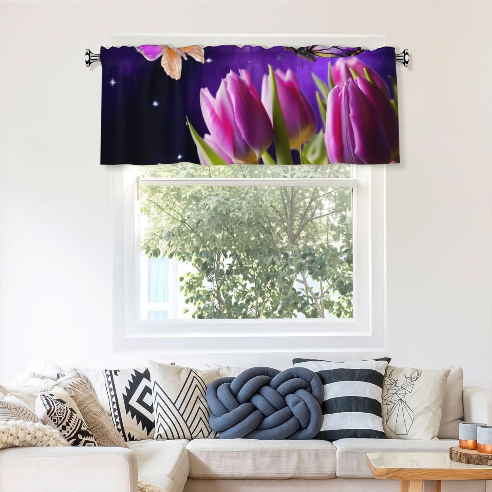 DHDGFVNBdgd Curtain Valance for Windows Modern Aesthetic Rod Pocket Valance Window Treatments Purple Tulip Butterfly Abstract Short Curtains for