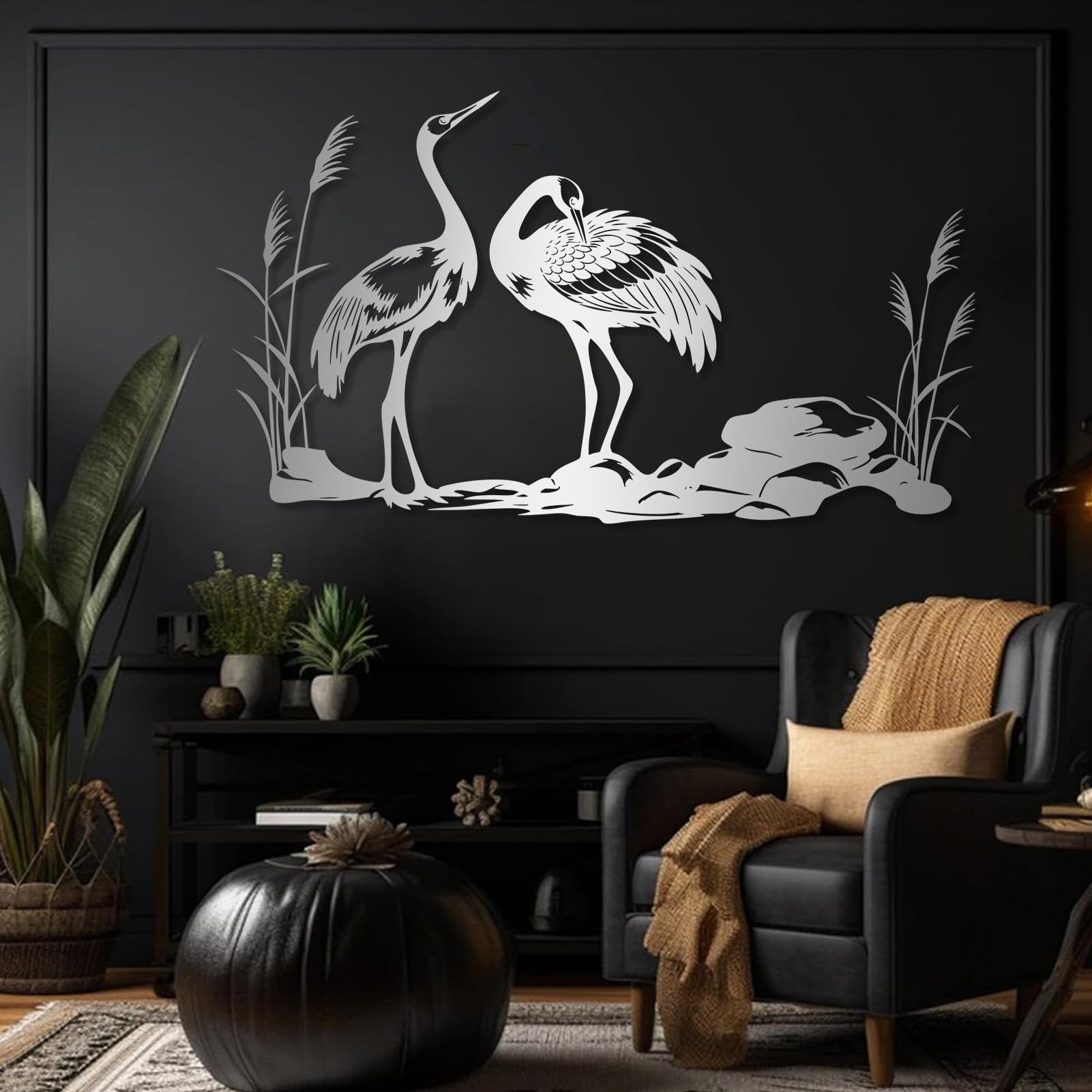 Großes abstraktes Wandbild aus Metall, Kranichmotiv, japanische Kranichdekoration, Wildtiermotiv für Wohnzimmer, Schlafzimmer (Gold, 150 x 86 cm)