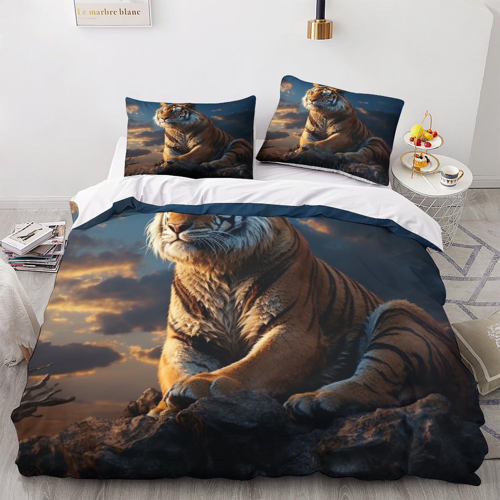 Housse de couette tigre 200x200 cm avec sa parure de lit 3 pièces en microfibre pour enfant