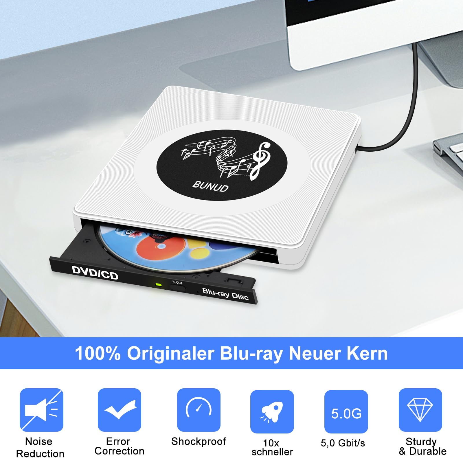 BUNUD Externes Blu Ray Laufwerk, USB 3.0 Bluray Brenner Extern USB C Externe Blu-ray Laufwerk mit 2 USB & SD/TF Slots, Externe Bluray laufwerke für PC Laptop Windows 11/10 Mac MacBook