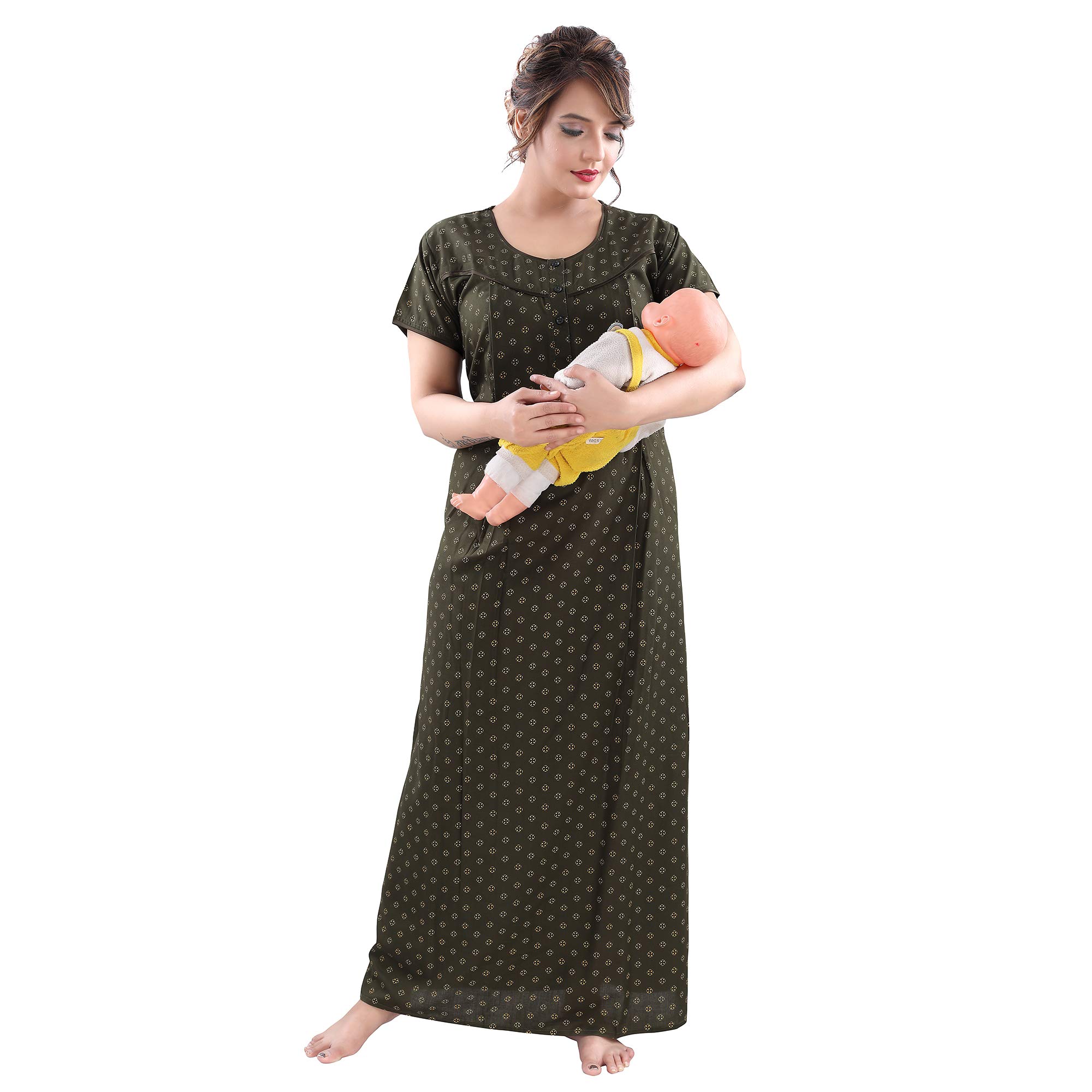 nightspree Women's P.V Cotton Round Neck Short Sleeves Long Maternity Feeding Maxi Night Gown Nighty Dress, Super Soft Comfortable with Zipper (MAT-Nighty-P1)-picture-13