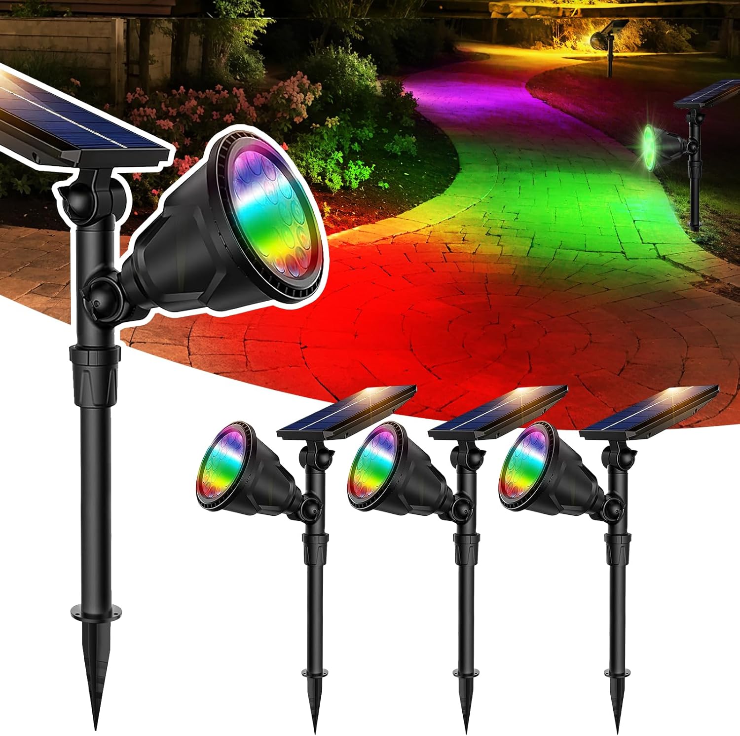 JSOT 4 Pack Halloween Solar Spot Lights Outdoor- RGB Solar Lights Outdoor Waterproof Color Changing Spotlights Christmas Decor, Outside Landscape Lighting for Yard Driveway Tree RGB-4Pack