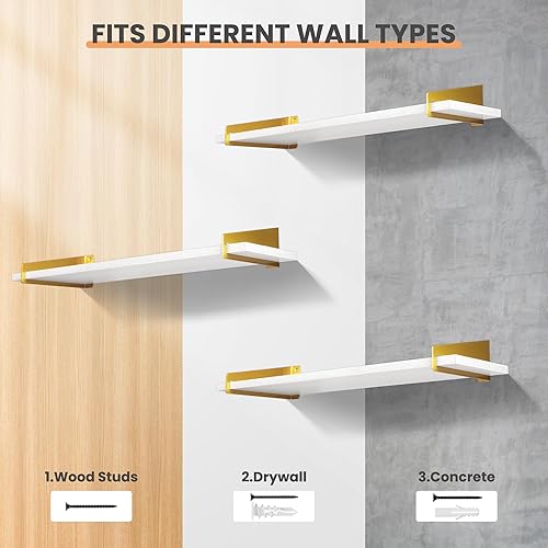 Miniatura 7 de upsimples Estantes de pared para decoración, estantes flotantes largos de oro blanco para montar en la pared, estantes de madera rústica resistentes