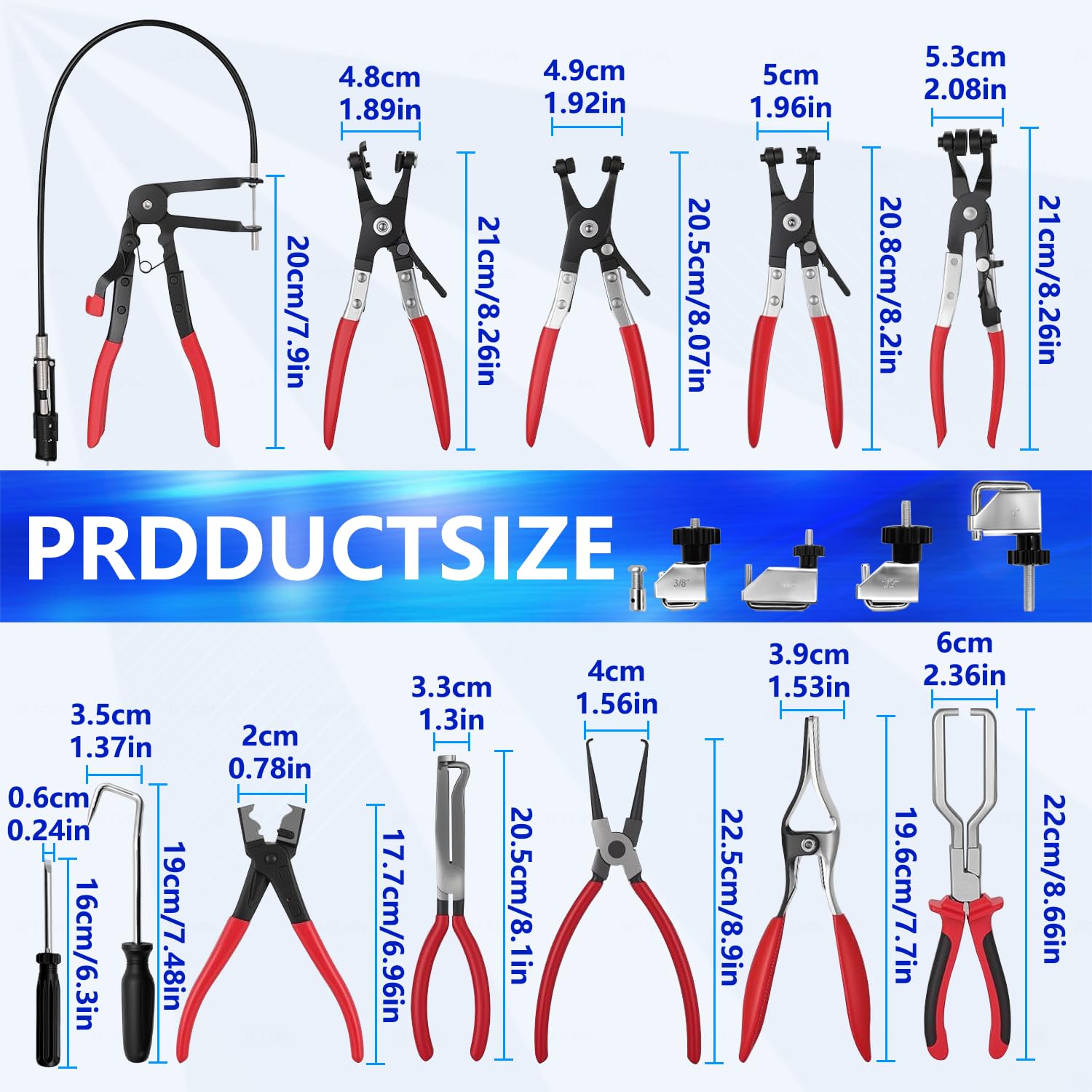 ZKTOOL Juego de 16 alicates de abrazadera de manguera, herramienta de extracción de abrazadera de manguera flexible, adecuado para divisores de conectores de terminales automotrices, reemplazo de