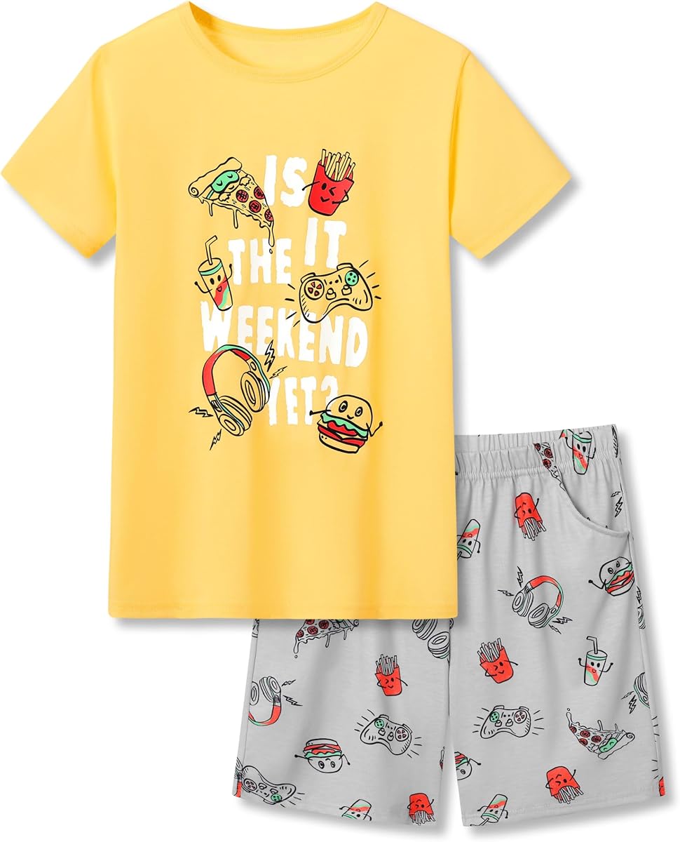 Beezizac Boys Pajamas, Teal & Navy Face Short-Sleeve and Shorts, Sizes 6-18 | 2-piece Summer PJs, Contrast Colors, Raglan Sleeves, Classic Crewneck, Elastic Waistband, Side Pockets, Little and Big Kids