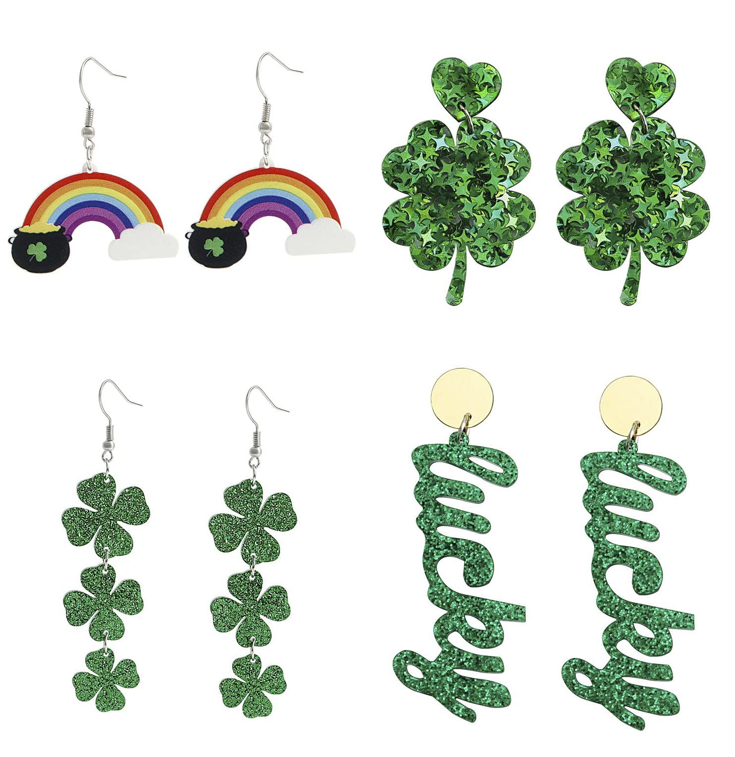 St Patricks Day Earrings Stud Green Earrings For Women Acrylic Earrings Lucky Clover Rainow Earrings Shamrock Holiday Earrings Bulk Irish 4 Pairs…