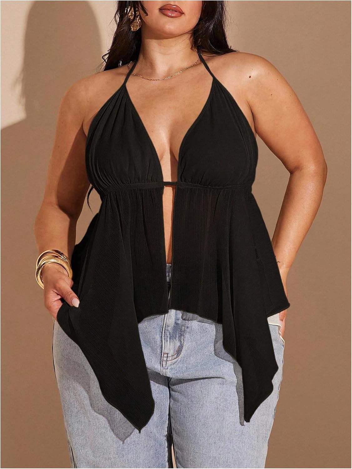 SOLY HUX Women's Plus Size Halter Tops Y2k Sexy Deep V Neck Tie Backless Sleeveless Flowy Asymmetrical Hem Summer Top