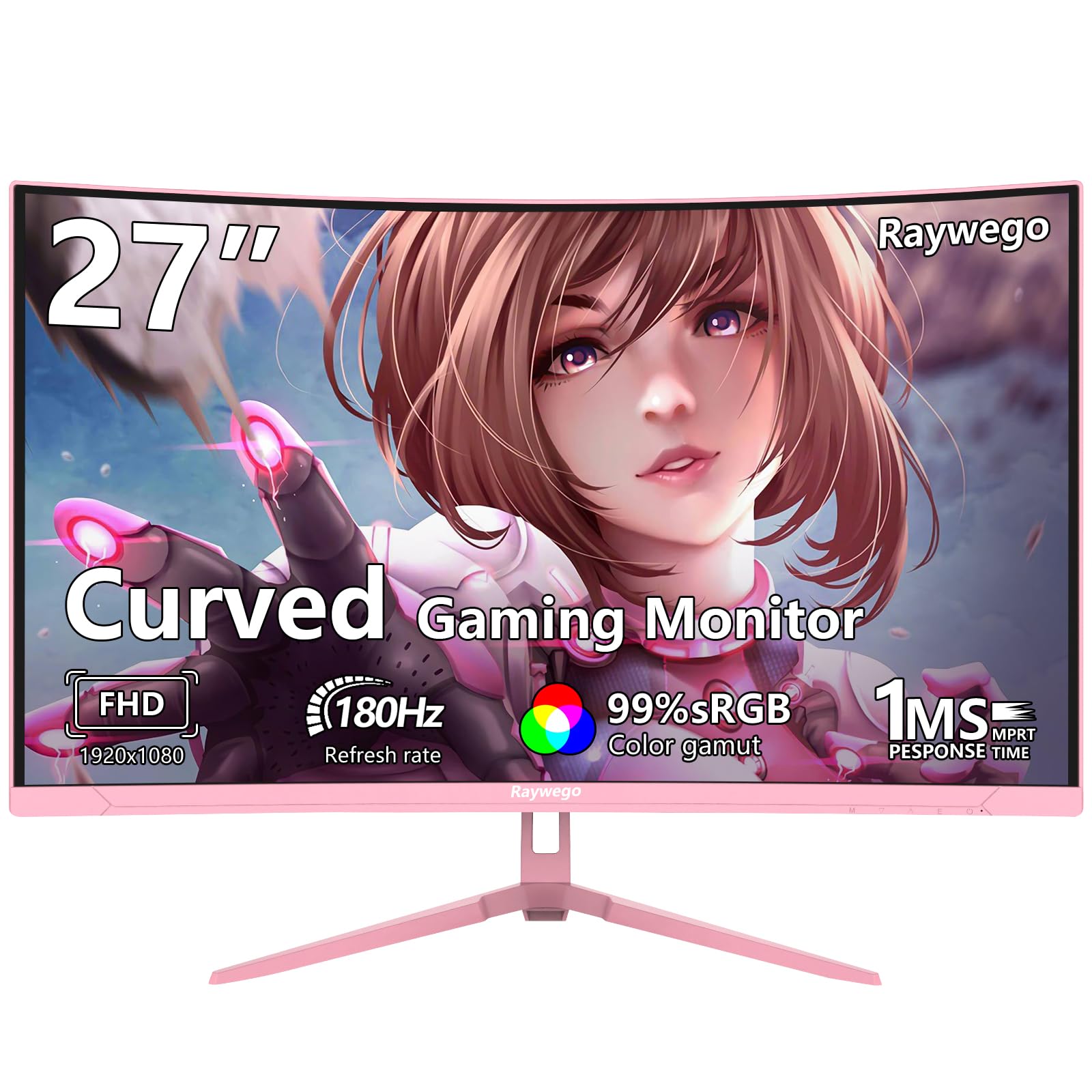 Raywego Pink Curved Gamer Monitor 27 180hz Full Hd 1080p