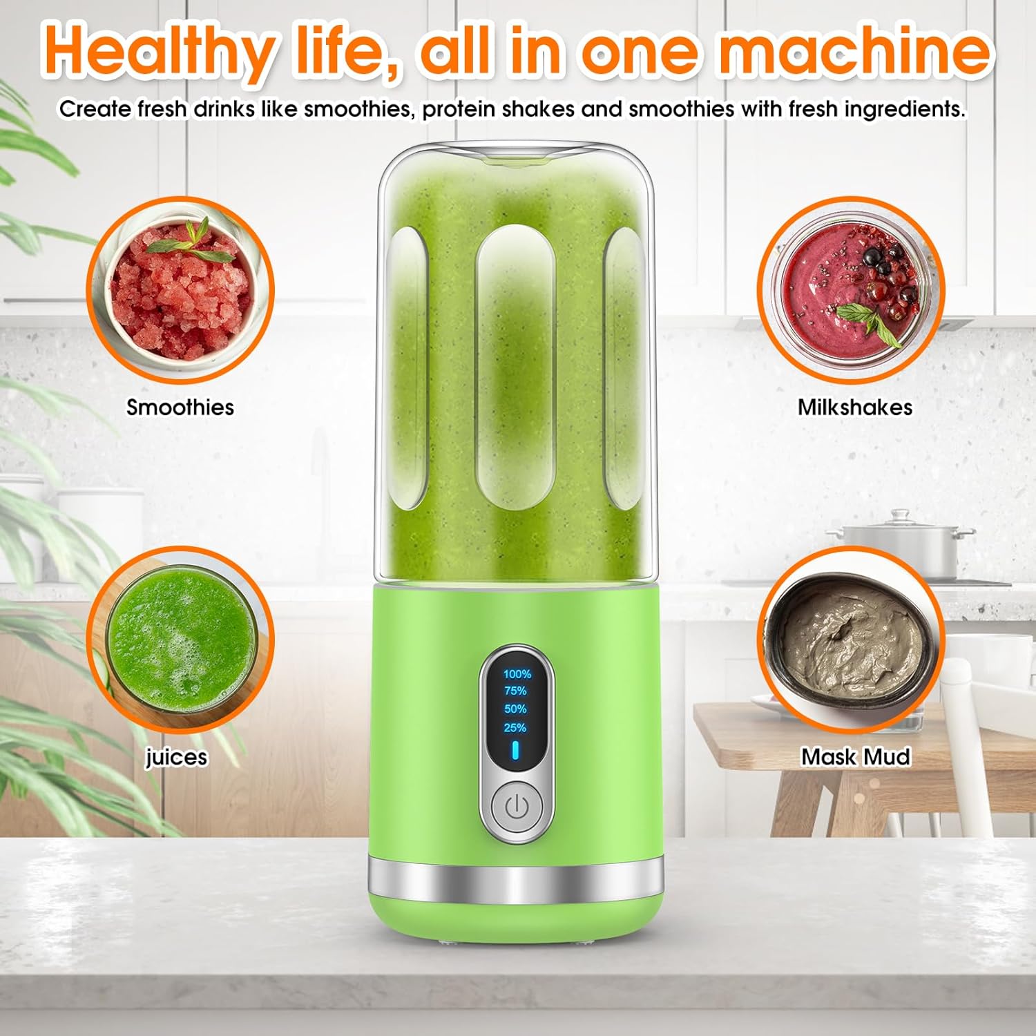 neza Portable Blender, Personal Blender Shakes and Smoothies, Mini Blender USB C Rechargeable, 15.2 Oz Multifunctional and BPA Free Portable Juicer, to Office/Gym/Travel, White