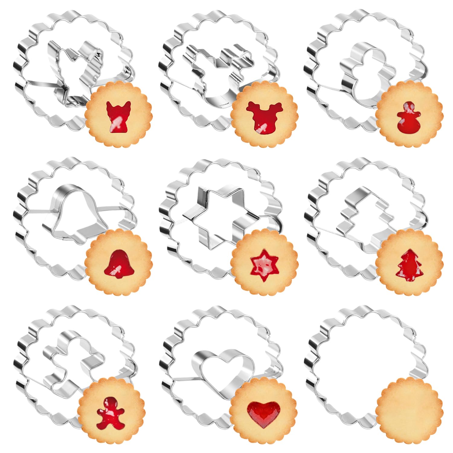 Kiiwah 9 stuks kerstuitsteekvormpjes, mini-roestvrijstalen koekjessnijders, kleine kerstuitstekers voor koekjes, bakvorm, koekjes en fondant Kiiwah 9 stuks kerstuitsteekvormpjes, mini-roestvrijstalen koekjessnijders, kleine kerstuitstekers voor koekjes, bakvorm, koekjes en fondant