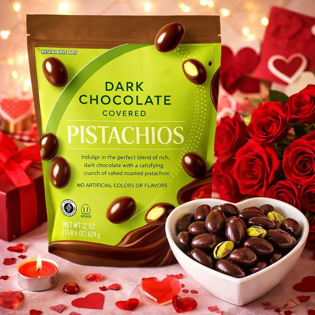 Dark Chocolate Covered Roasted Pistachios 22 oz Bag | Dubai Style Gourmet Snack Treat - Great Valentine Day Gift (1 Pack)