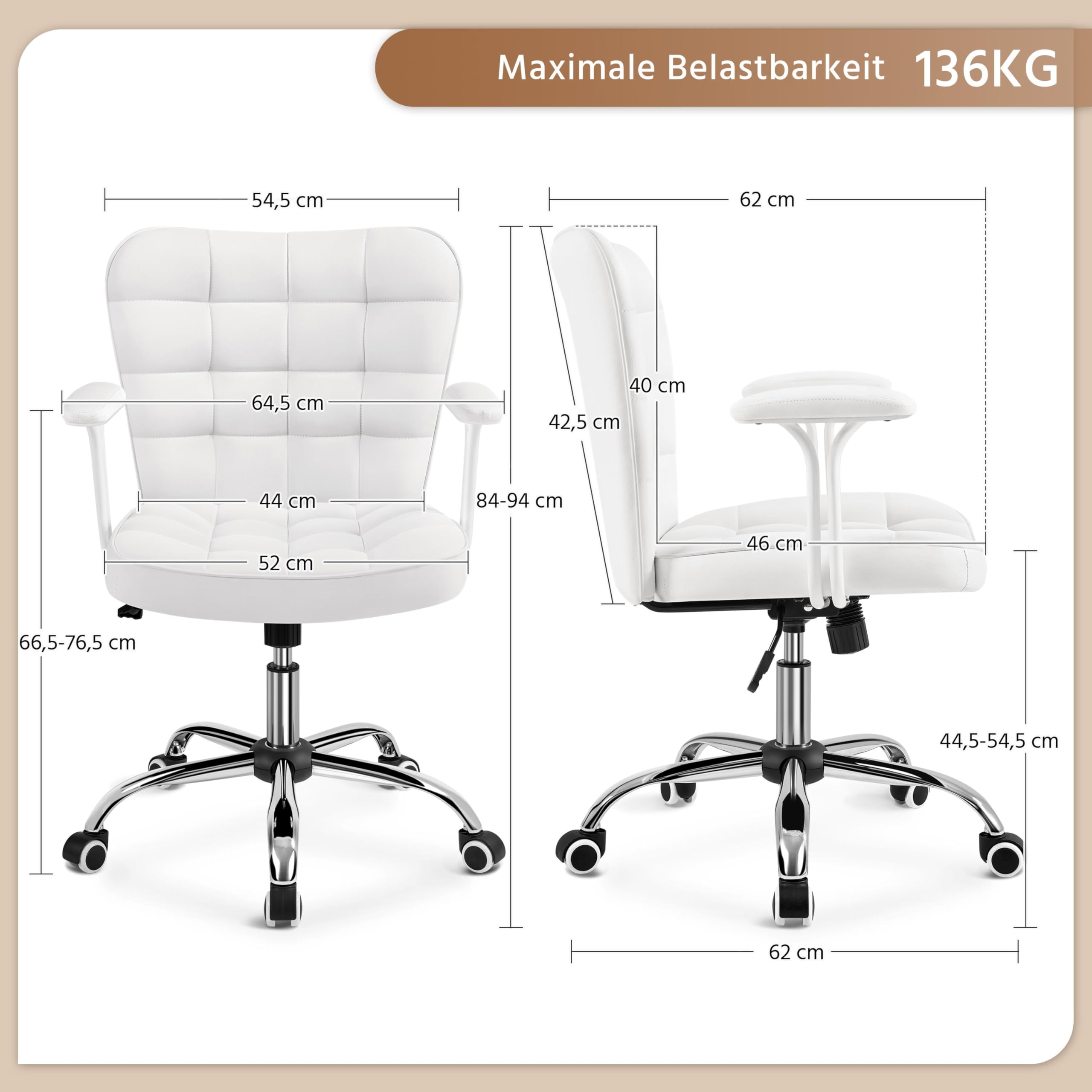 Yaheetech Homeoffice Stuhl Schreibtischstuhl Bürosessel Arbeitsstuhl aus Kunstleder, Drehstuhl mit Weichen Armlehnen, Höhenverstellbarer Polsterstuhl Computerstuhl mit Rollen, Weiß