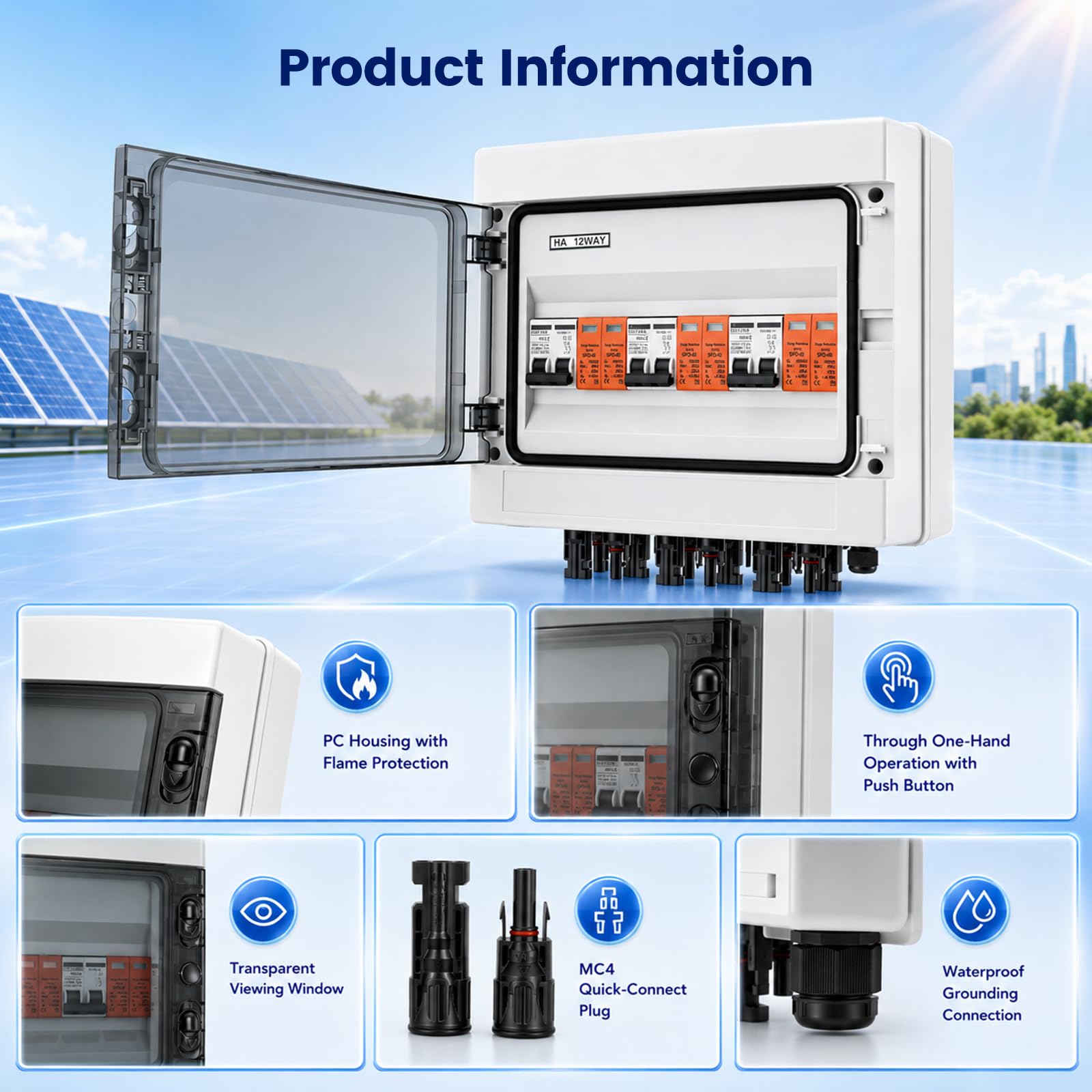 Überspannungsschutz PV, 3 Strings Solar Anschlusskasten, 40A/DC1000V Blitzschutz Leitungsschutzschalter, Solar PV Anschlusskasten IP65 Wasserdicht, für PV Anlage, 3 in 3 out