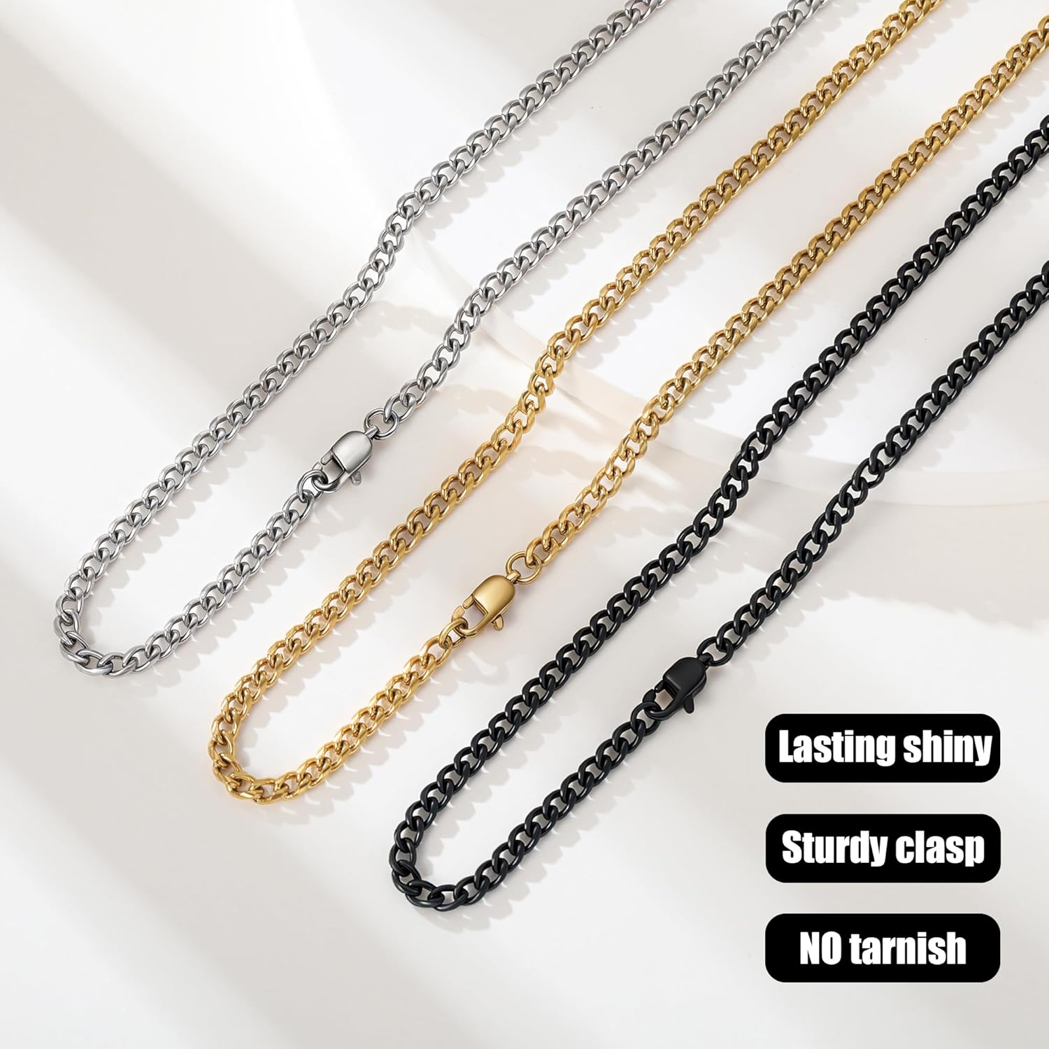 3 Pcs Cuban Link Chain Necklace for men, 4mm Stainless Steel Silver Black and 18K Gold Plated Chains Necklace men Women, 18"/22"/26"/30 Inches - Image 2