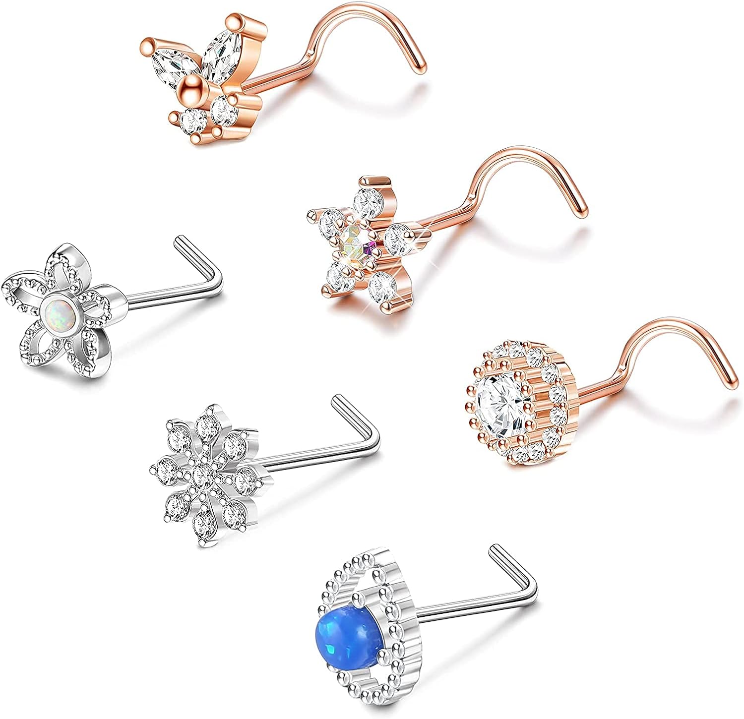 Milacolato 6PCS 20G Flower Nose Rings L Shape Nose Rings Butterfly Nose Ring Stud Screw Nose
