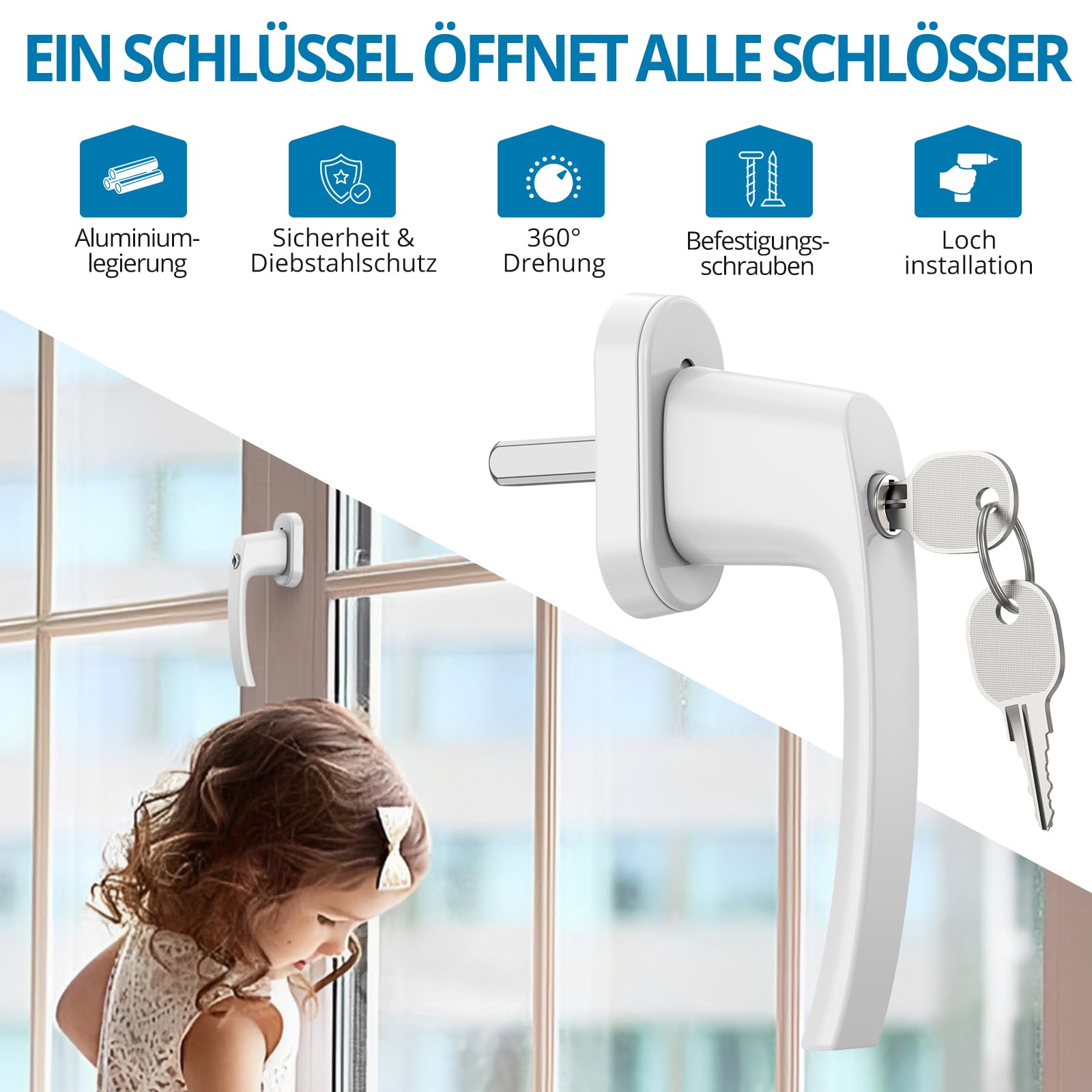 AUTOUTLET Fenstergriffe abschließbar, 10pcs Fenstersicherung Kinder Fensterschloss Aluminium in Stiftlänge 35mm, abschliessbarer Fenstergriff mit 20 Schlüsseln für Fenstertür Balkontür usw (Weiß)
